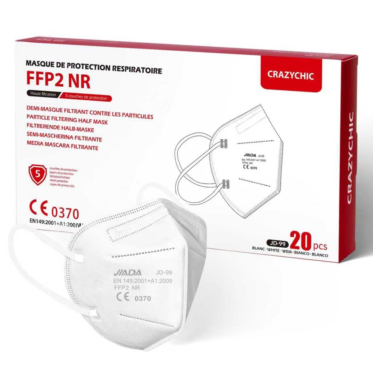 CRAZYCHIC - Mascarillas FFP2 NR Blanca - Certificada CE EN149 - Mascarilla de Protección Respiratoria Antipolvo - 5 Capas Alta Filtración - Hipoalergénica - Envasado Individual