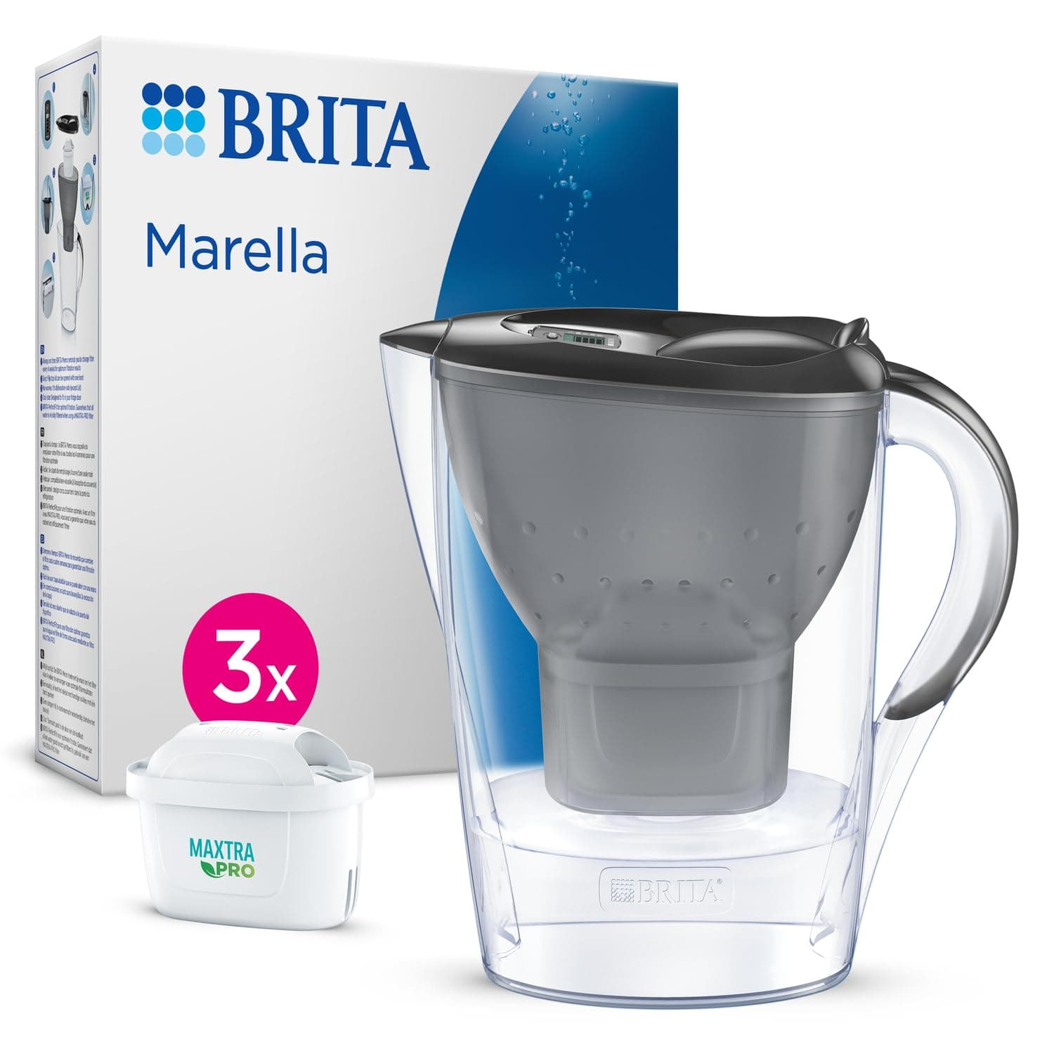 BRITA Carafe Filtrante Marella 2,4L Gris + 3 Cartouches MAXTRA PRO All-in-One - Emballage Durable
