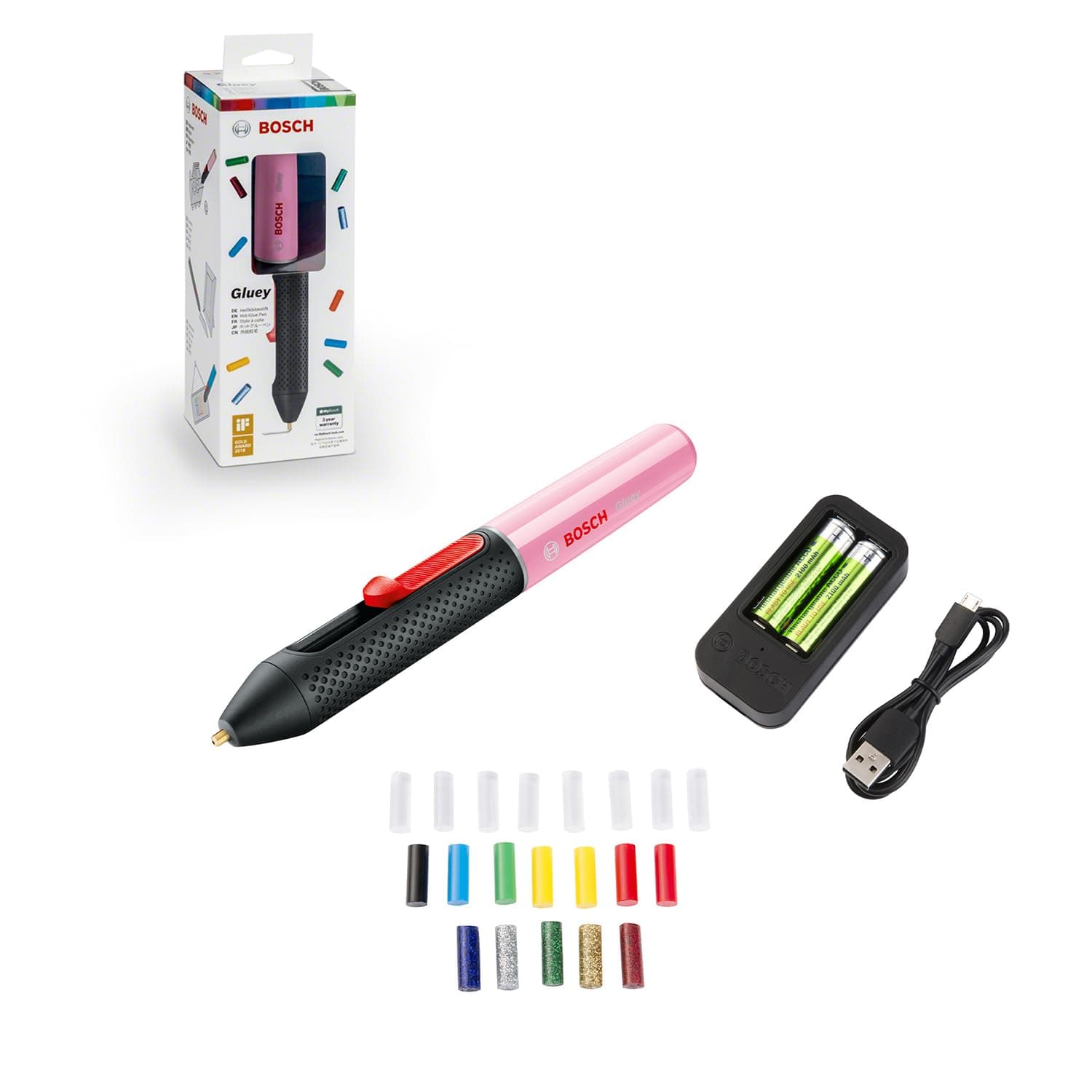 Bosch Akku Heißklebestift Gluey Cupcake Pink (mit 20 Klebesticks, im Karton)