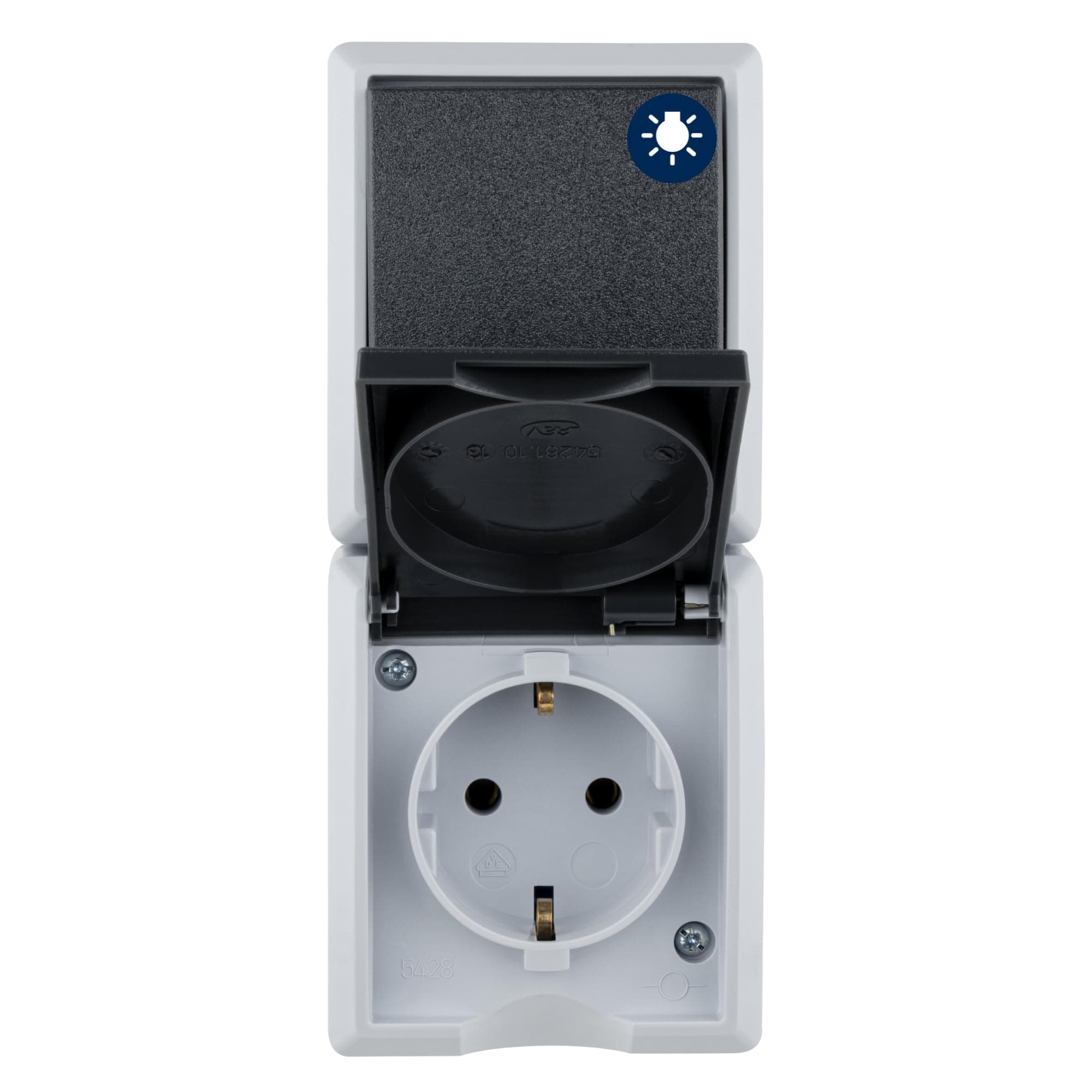 REV AquaForm, Lichtschalter mit Steckdose, IP44, einpolig, Aufputz, senkrecht, grau