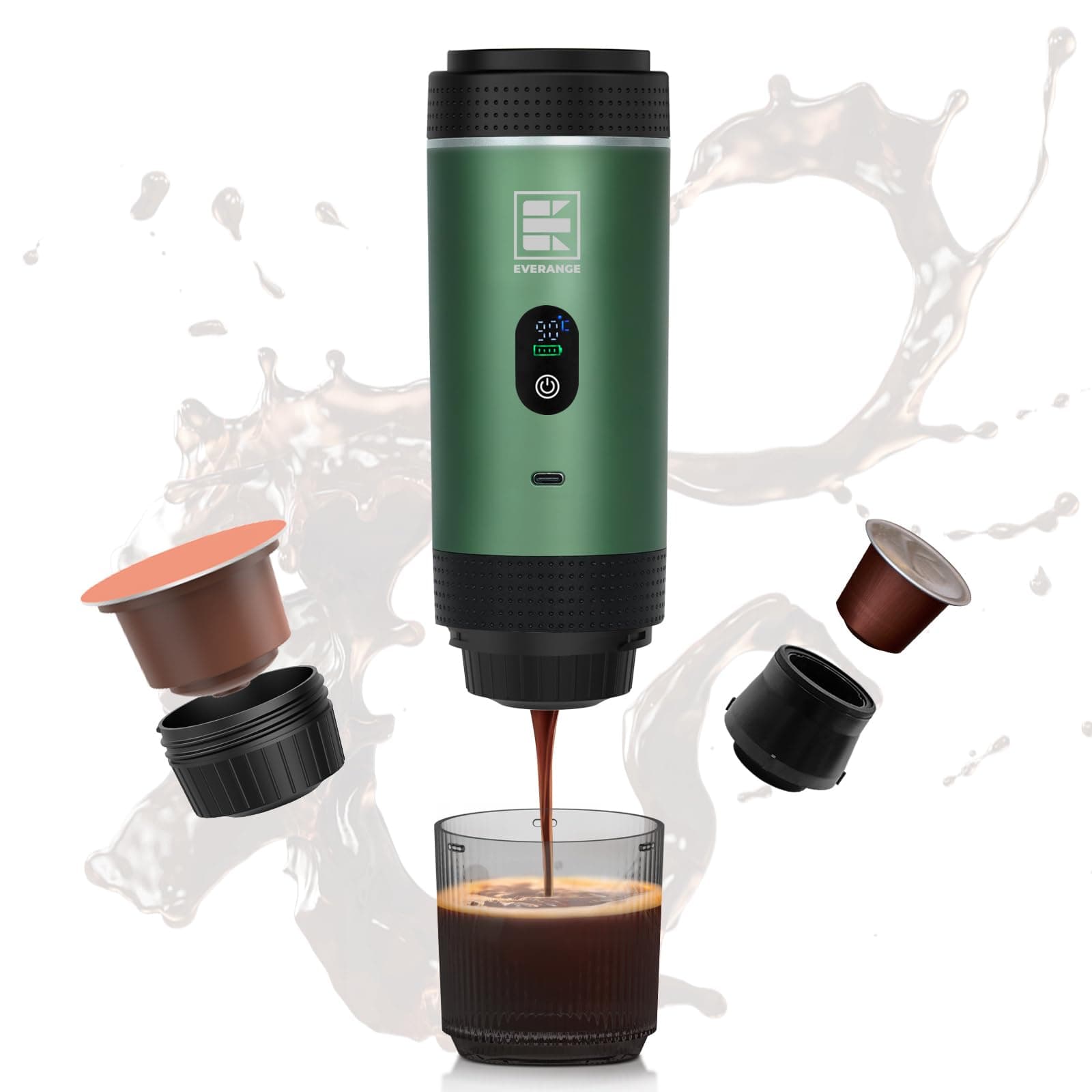 EVERANGE Cafetera espresso eléctrica portátil, cafetera de viaje compatible con café molido y cápsulas NS (verde con pantalla LCD)