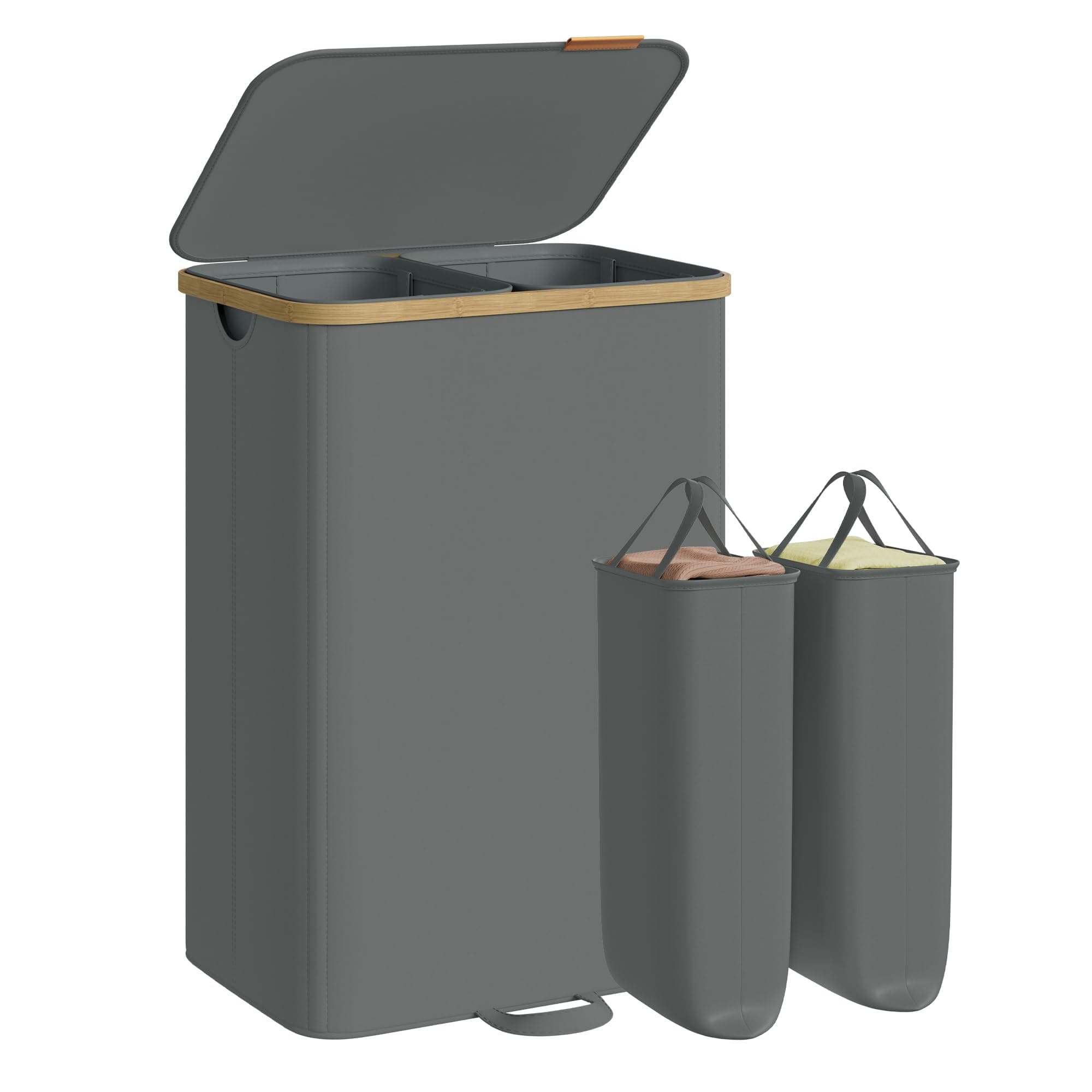 SONGMICS Wäschekorb mit Deckel, Wäschesammler, Wäschesortierer, Wäschetonne, Wäschesack herausnehmbar, Bambusrahmen, für Waschküche, Schlafzimmer, 2 Fächer, 150 Liter, schiefergrau LCB532GN01