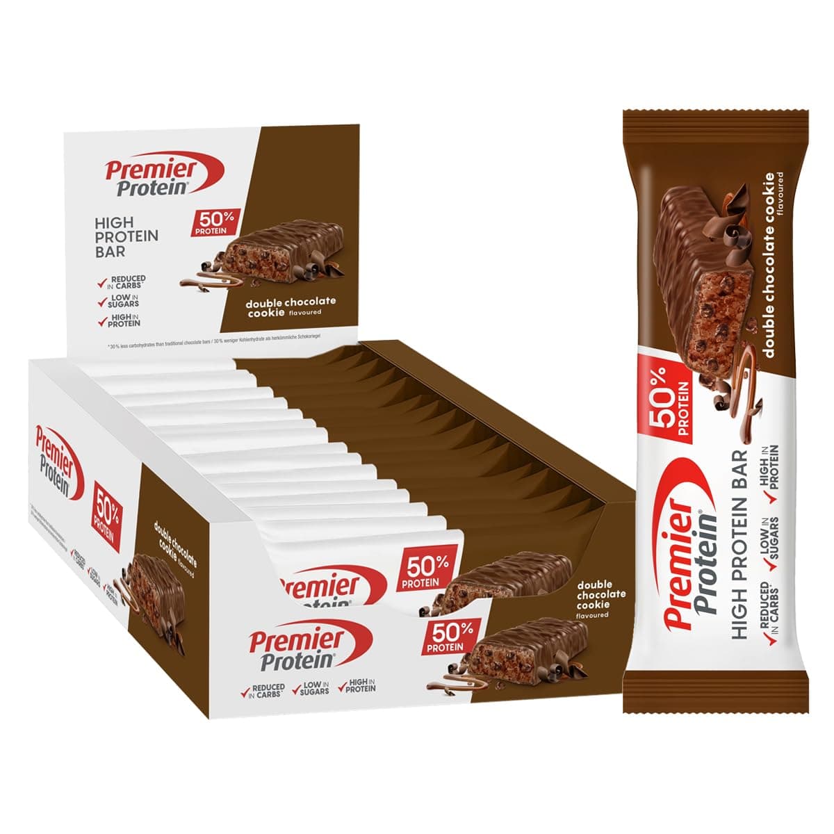 Premier Protein - High Protein Bar 50% - Double Chocolate Cookie - 16x40g - faible en sucres – pauvre en glucides – sans huile de palme