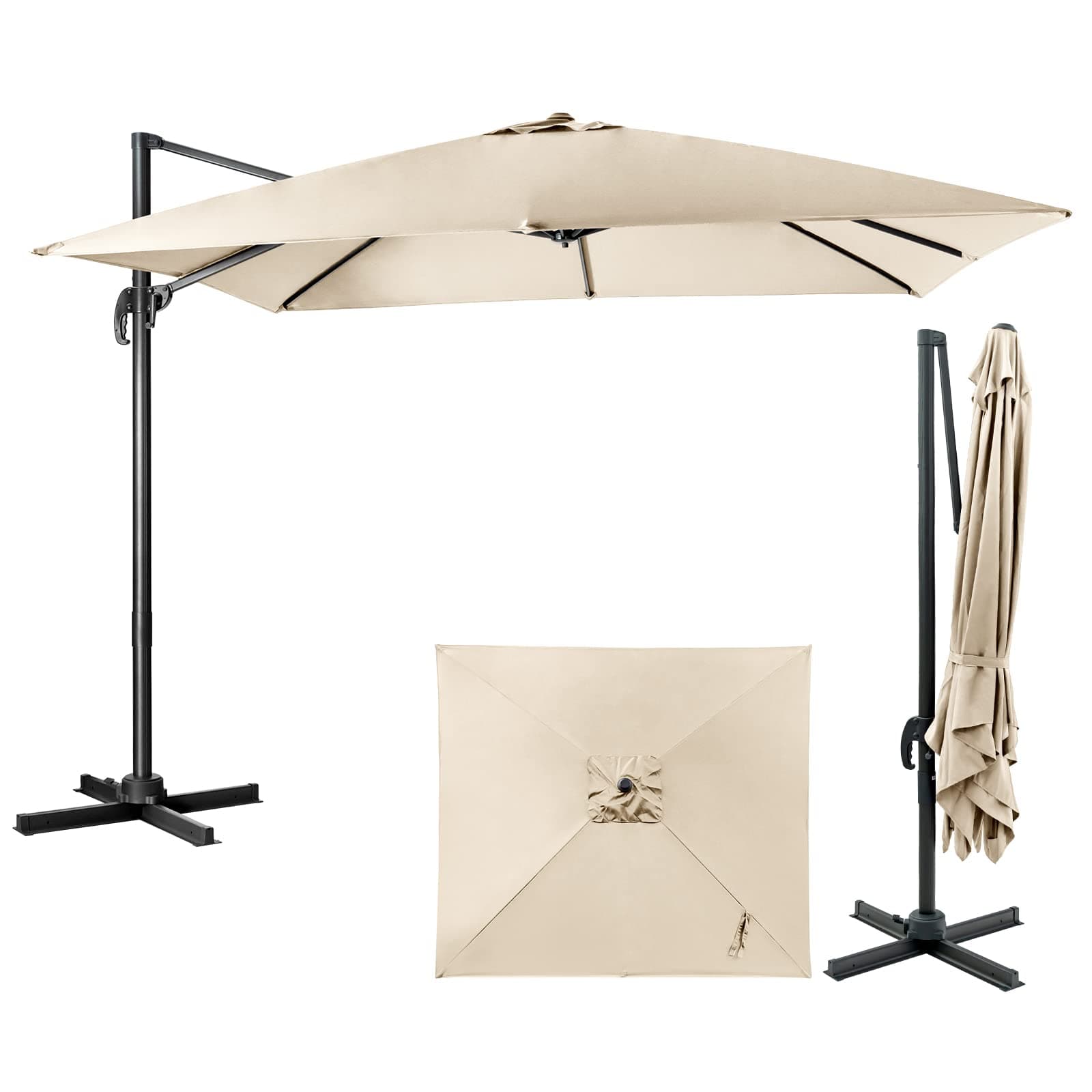 GOPLUS Parasol de Jardin Exterieur, Parasol Déporté 3x3M, avec Toile Inclinable à Double Couche, Manivelle, 8 Baleines, Rotation à 360°, Anti-UV, pour Balcon Terrasse Patio, Beige