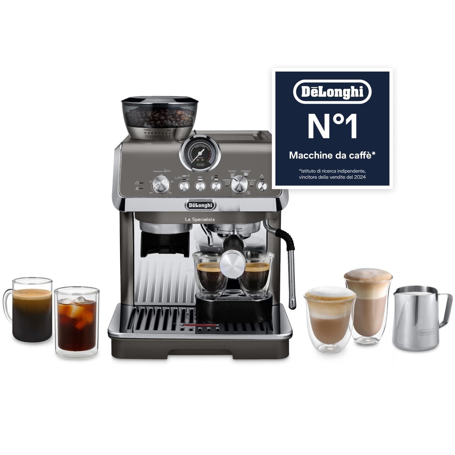 De'Longhi La Specialista Arte Evo EC9255.T Macchina per Caffè in Chicchi Manuale con Funzione Cold Brew, Montalatte Manuale My Latte Art, Incluso Kit da Barista, Controllo Temperatura, 1450W, Titanio