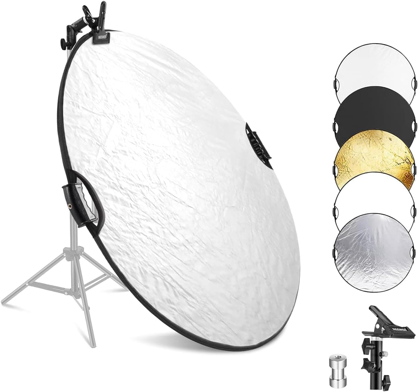 NEEWER 110cm Lichtreflektor mit Klemme und Handgriffen, 5 in 1 Faltbare Multi Disc Fotografie Reflektor durchscheinend/Silber/Gold/Weiß/Schwarz mit 3/8" Gewinde für Studio Außenbeleuchtung, RF-110II