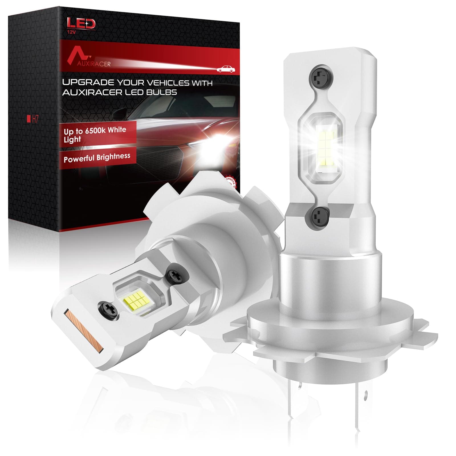 AUXIRACER H7 LED Bombilla, 100W 30000LM 6500K Blanco Frío, Led H7 1:1 Tamaño de Halógena Plug and Play, Sin Adaptador Necesario, Pack de 2