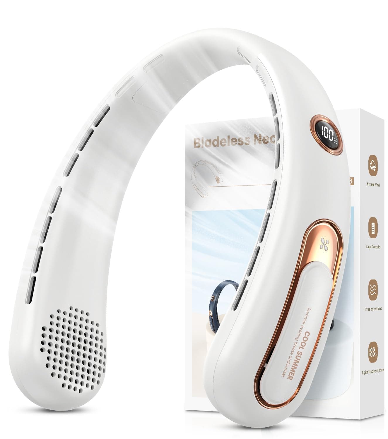 Ventilateur de Cou Portable, Ventilateur USB Rechargeable 4000mAh Max 15H, Ventilateur Silencieux sans Pale, 3 Vitesses et Affichage LED, Petit Ventilo Puissant 360°, pour Bureau Sport Voyage Camping