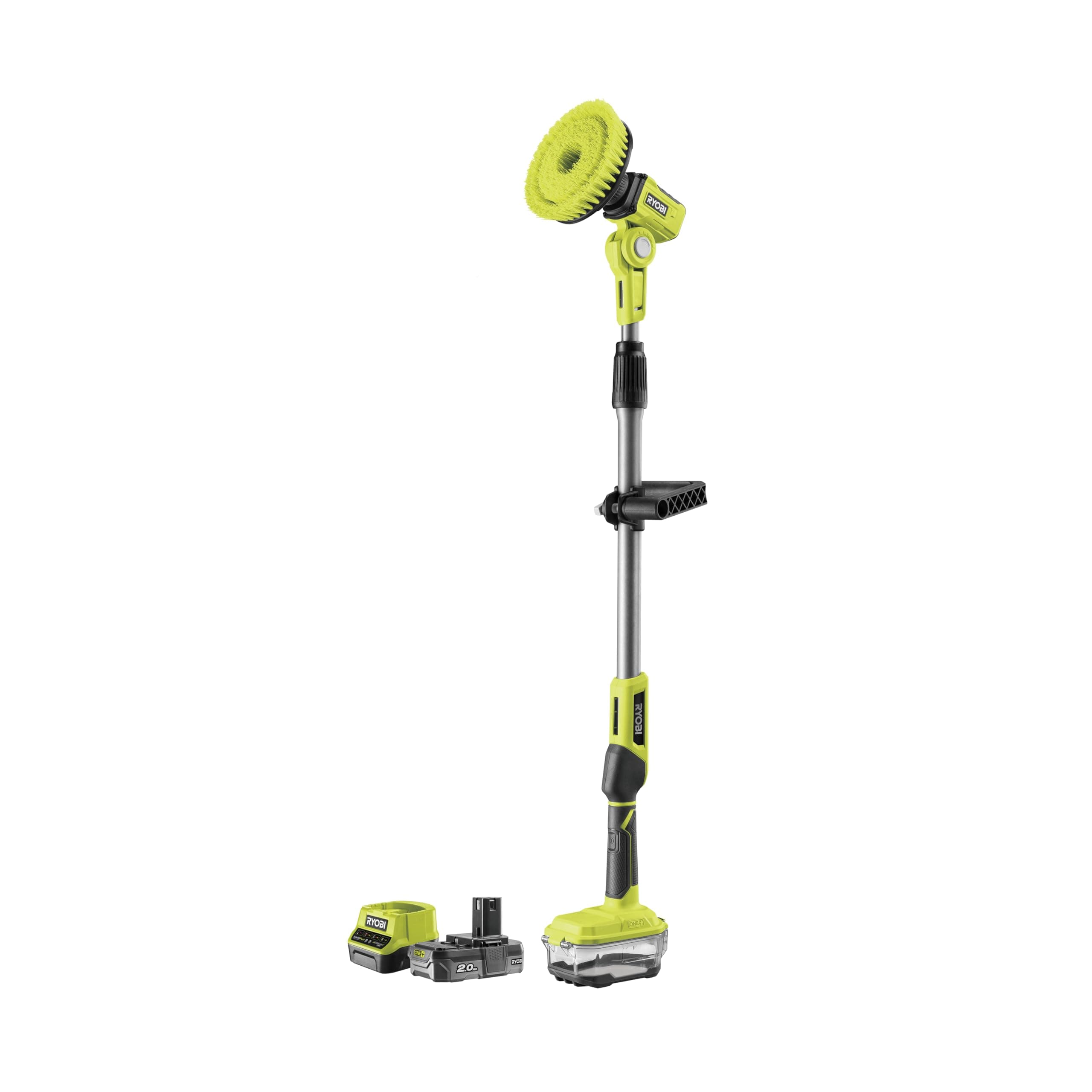 RYOBI - Brosse Rotative télescopique - 15cm - sans Fil 18V One+ R18TPS-120G – Nettoyage Multi-Surfaces en Hauteur (1,4m), Compacte et Efficace – Batterie 2.0Ah et Chargeur Inclus, Autonomie 90min