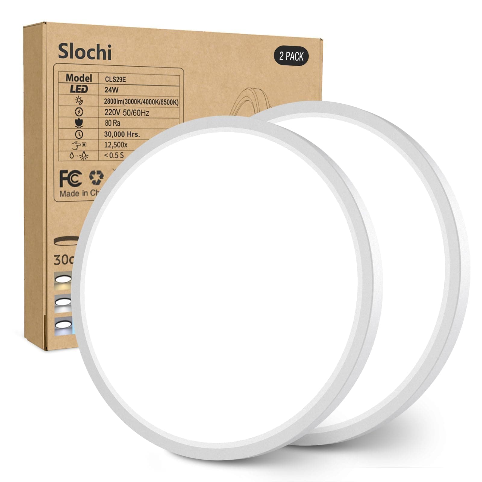 slochi 2 Pezzi Plafoniera LED Soffitto, 3000K/4000K/6500K IP44 Impermeabile Lampada da Soffitto, 24W 2800LM Plafoniera Bagno per camera da letto, Cucina, Soggiorno, Balcone, Ø30cm