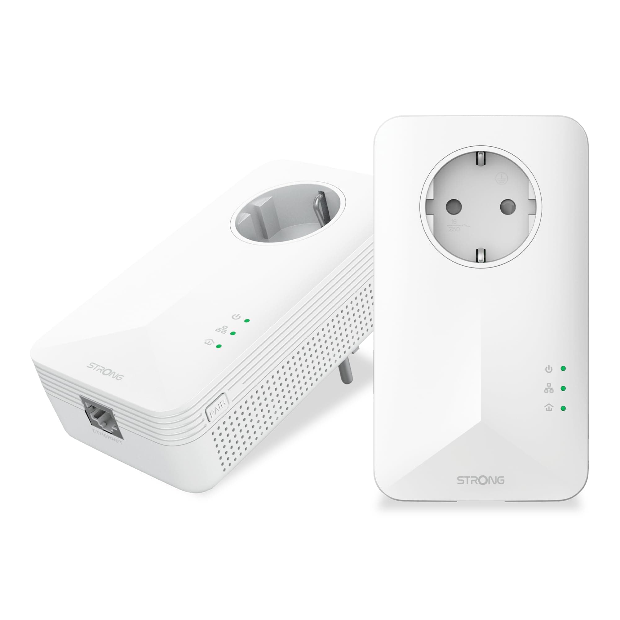 STRONG AV1000Mbps Kit Powerline con Pass Through, Presa Integrata, Sin WiFi, Ripetitore Powerline Ethernet HomePlug AV2, Porte Gigabit, Plug & Play, Risparmio Energetico, Compatibile con Router