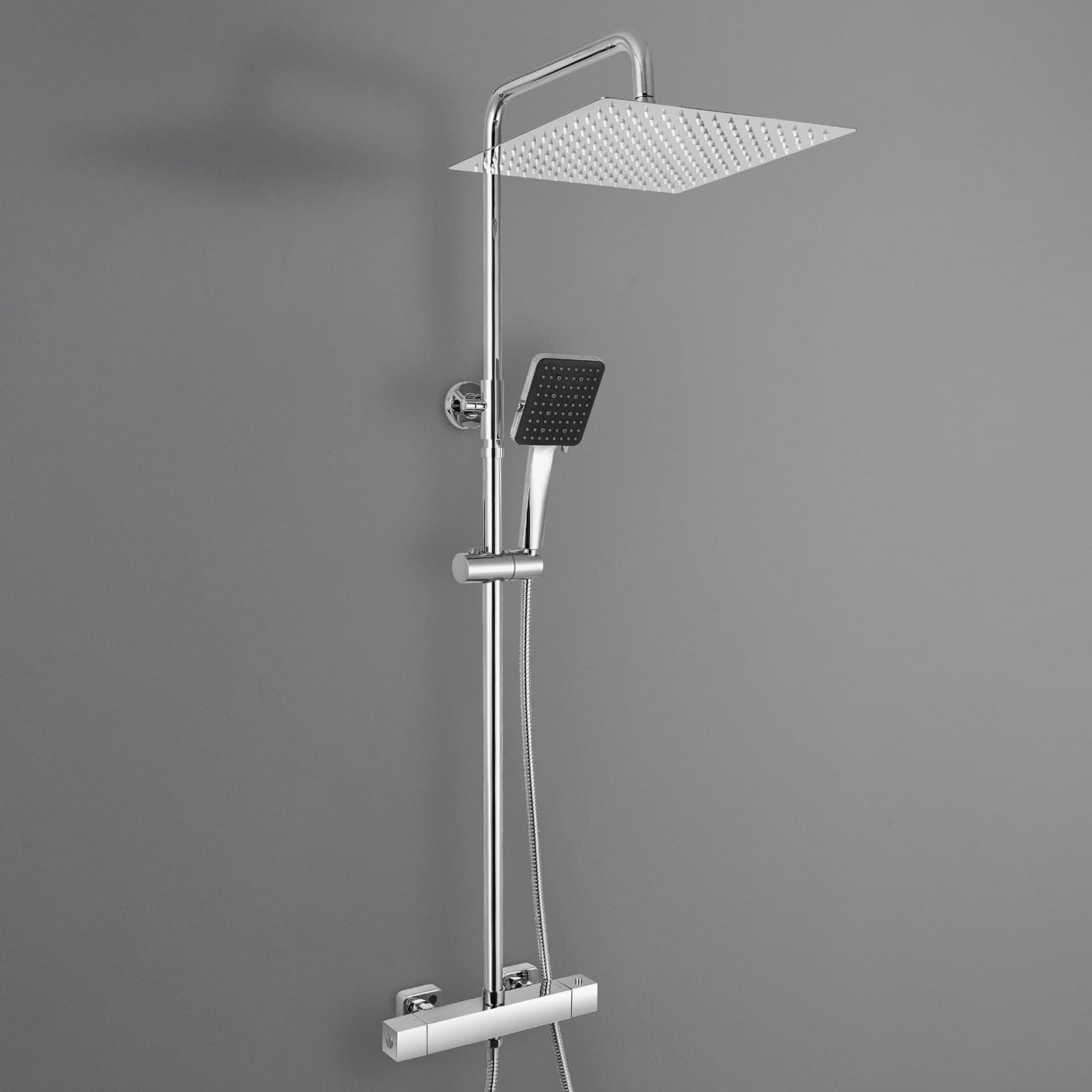 Auralum Columna Ducha Termostática Cromo con Grifo, Kit Completo Ducha Lluvia 30cm Acero Inox 304, Barra Regulable 88-124cm, Ducha de mano con 6 modos