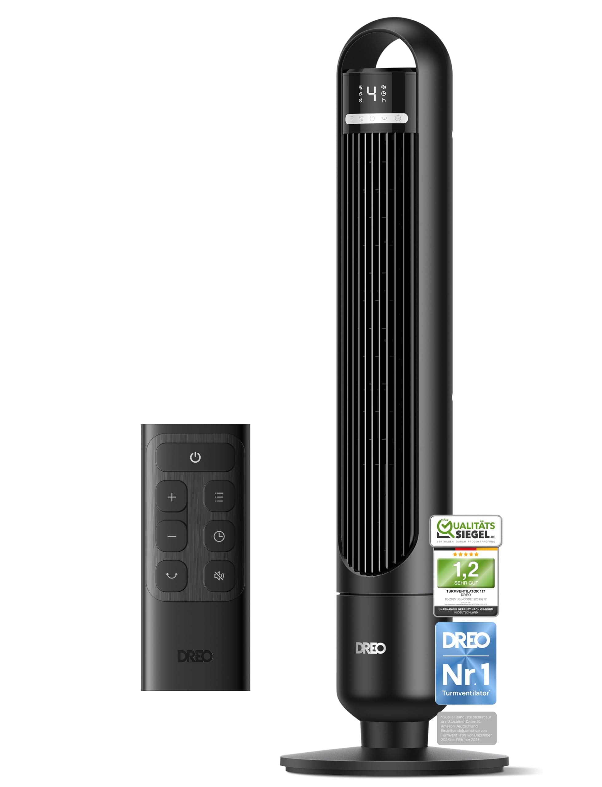 DREO Leiser Turmventilator, Ventilator mit Kühlung, Fernbedienung für Schlafzimmer, Tower Fan mit 4 Geschwindigkeiten, 3 Modi, 9,8 m Windreichweite, 8H Timer, 90° Oszillierend für Wohnzimmer