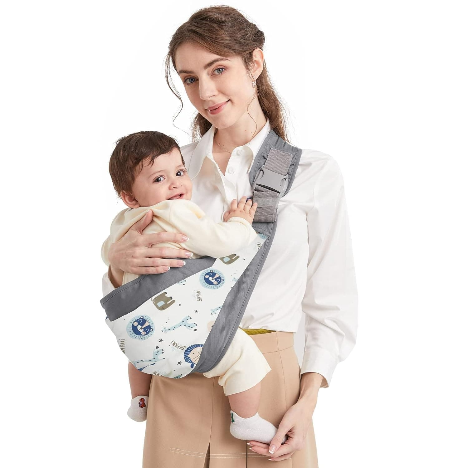 Fascia Porta Bebe, Marsupio Neonato Mumgaroo, Fascia Neonato Multifunzionale On the Go,Marsupio Neonato 0-36 mesi, Tutte le Stagioni, fino a 15kg (grigio e bianco)