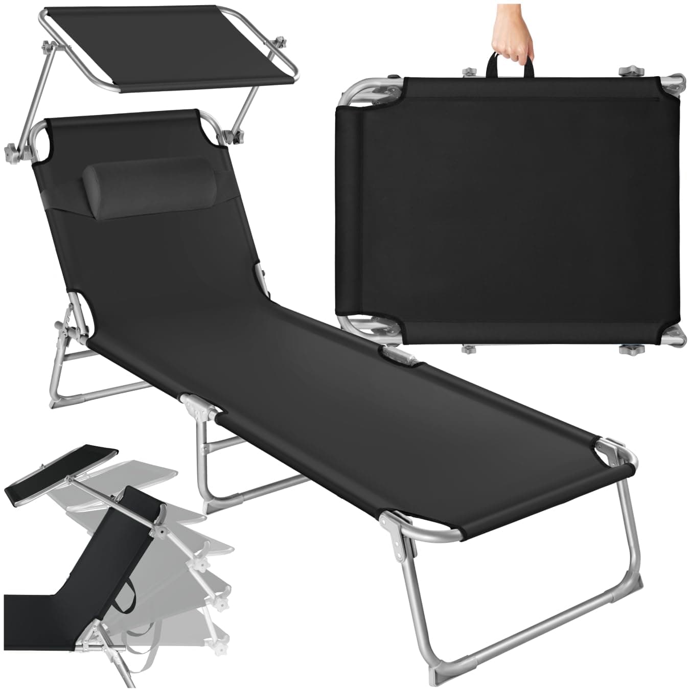 tectake® Sonnenliege mit Dach, Strandliege klappbar, leichte Gartenliege, Outdoor Liegestuhl mit Verstellbarer Rückenlehne, inkl. Kopfkissen - ideal für Balkon, Terrasse, Camping, Strand - schwarz