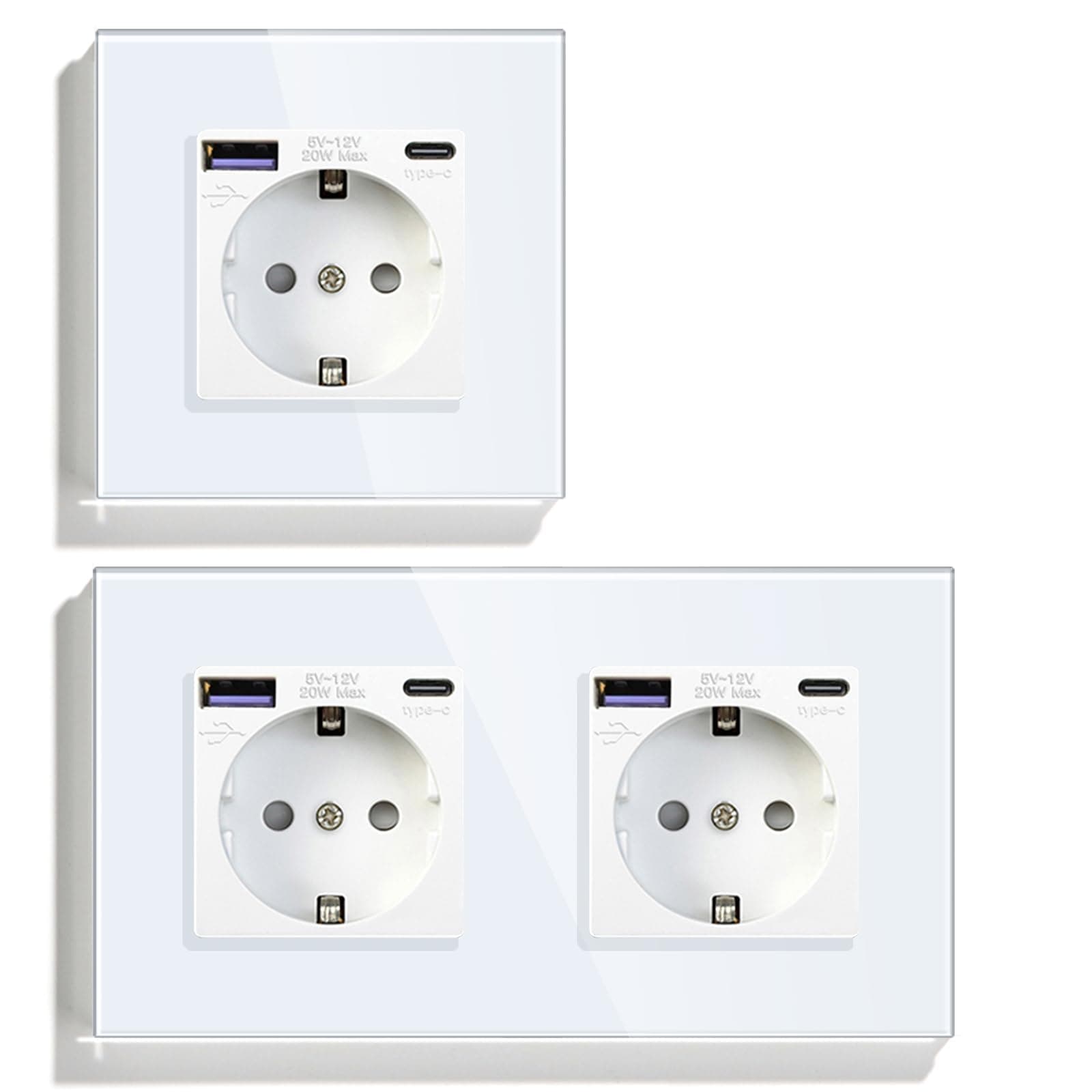 BSEED Schuko USB C 20W Pack, 1 x 1 Gang Enchufe + 1 x 2 Gang Enchufe, Toma de Corriente USB Tipo C con Panel de Vidrio, Toma de Corriente Empotrable para Teléfono, Tablet, MP3, Blanco