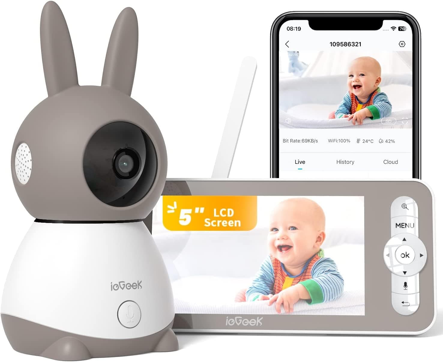 ieGeek Top 2K/5" Qualité Babyphone Caméra Bebe,PTZ 360° Baby Phone Vidéo connecté Smartphone, Visiophone avec Alertes Intelligentes/Vision Nocturne/Suivi Automatique