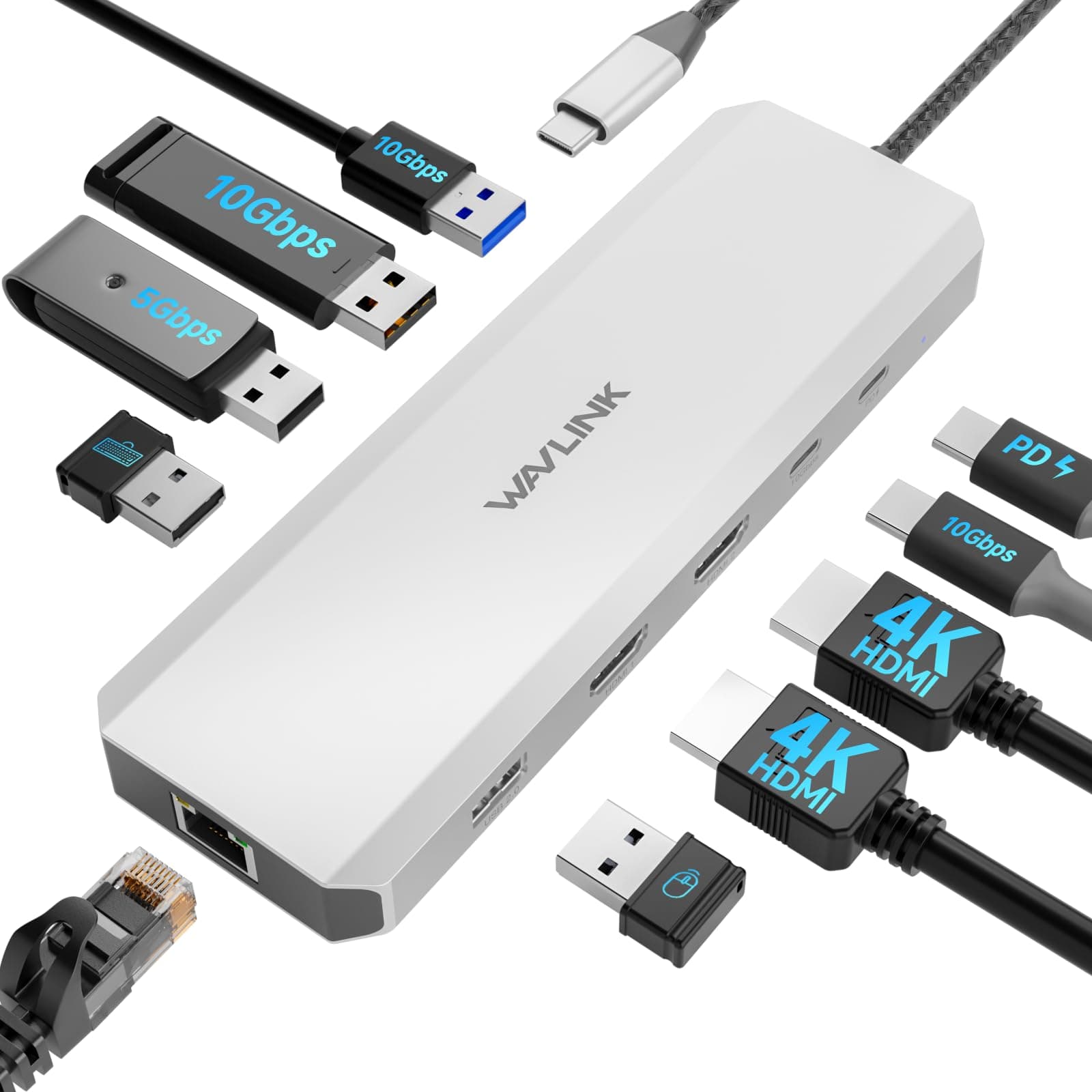 WAVLINK Estación de Acoplamiento para Laptop, concentrador USB C de 10 G con HDMI Dual, 100 W, USB-A/C 3.2 de 10 Gbps/5Gbps/Versión de actualización 2.0, Gigabit Ethernet para DELL/HP/Lenovo, etc.,