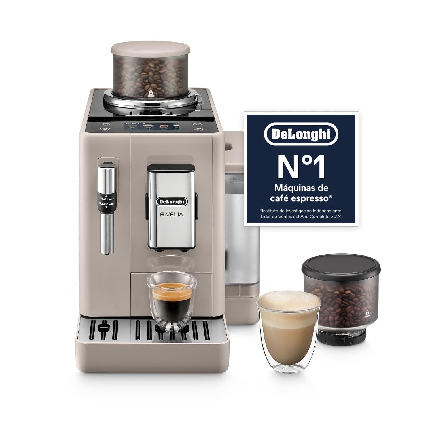 De’Longhi Rivelia – Perfetto Cafetera Superautomática, Espumador de Leche manual, 8 Bebidas One-Touch, Pantalla Táctil a Color, Depósitos de Granos de Café Intercambiables, Beige (EXAM440.35.BG)