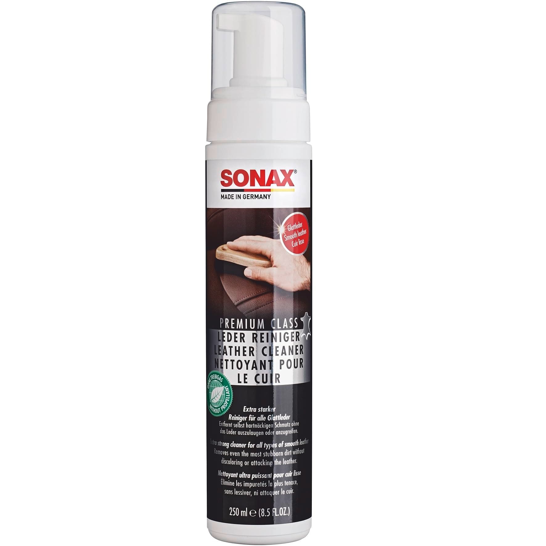 SONAX PREMIUM CLASS LederReiniger (250 ml) effektive und schnelle Reinigung für Glattleder ohne anzugreifen | Art-Nr. 02811410