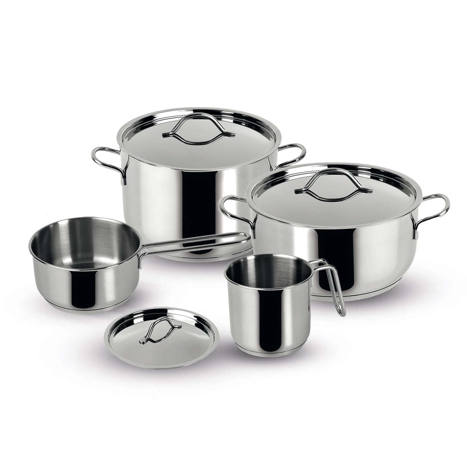 Lagostina Every Set di Pentole in Acciaio Inox, Set di 7 Pezzi, Pentola a due Maniglie 18 cm, Casseruola Fonda 22 cm, Bollilatte 12 cm, Casseruola Fonda Manico Lungo 14 cm e Coperchi 14,18 e 22 cm