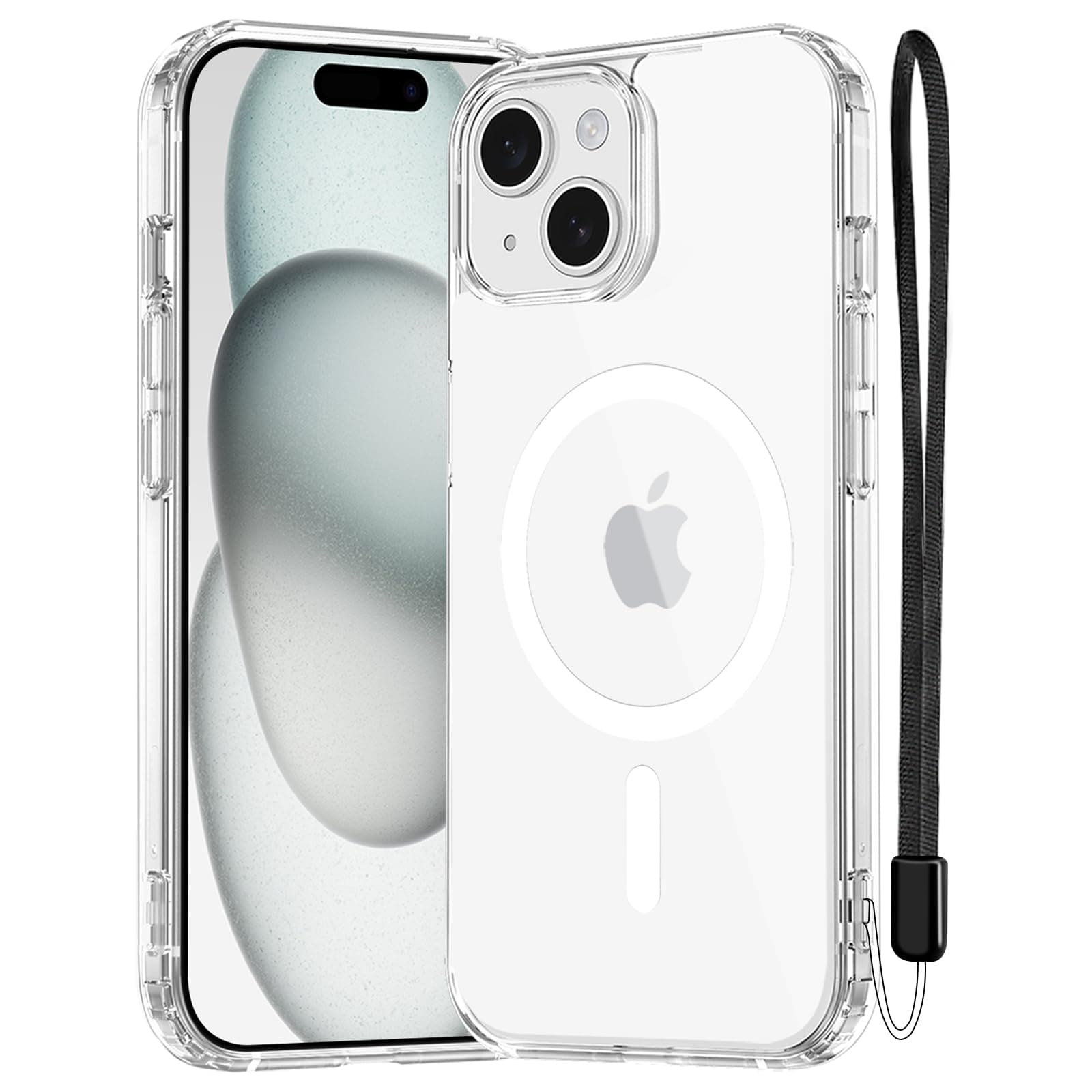 NEW'C Magnétique Coque pour iPhone 15 (6,1 Pouces), Compatible avec MagSafe Antichoc Ultime avec Cordon – Magnétisme Puissant et Protection Militaire - Etui Fine - Transparent