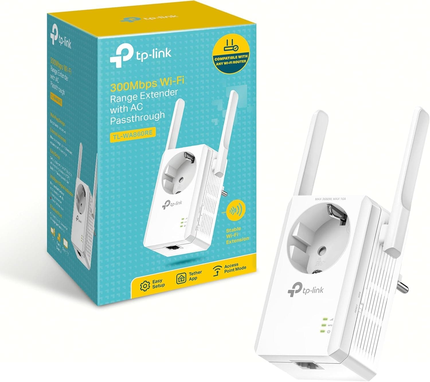 TP-Link Répéteur 300 Mbps Wi-Fi N, 1 Port Ethernet, Prise Intégrée, Compatibilité Universelle, Installation Facile (TL-WA860RE)