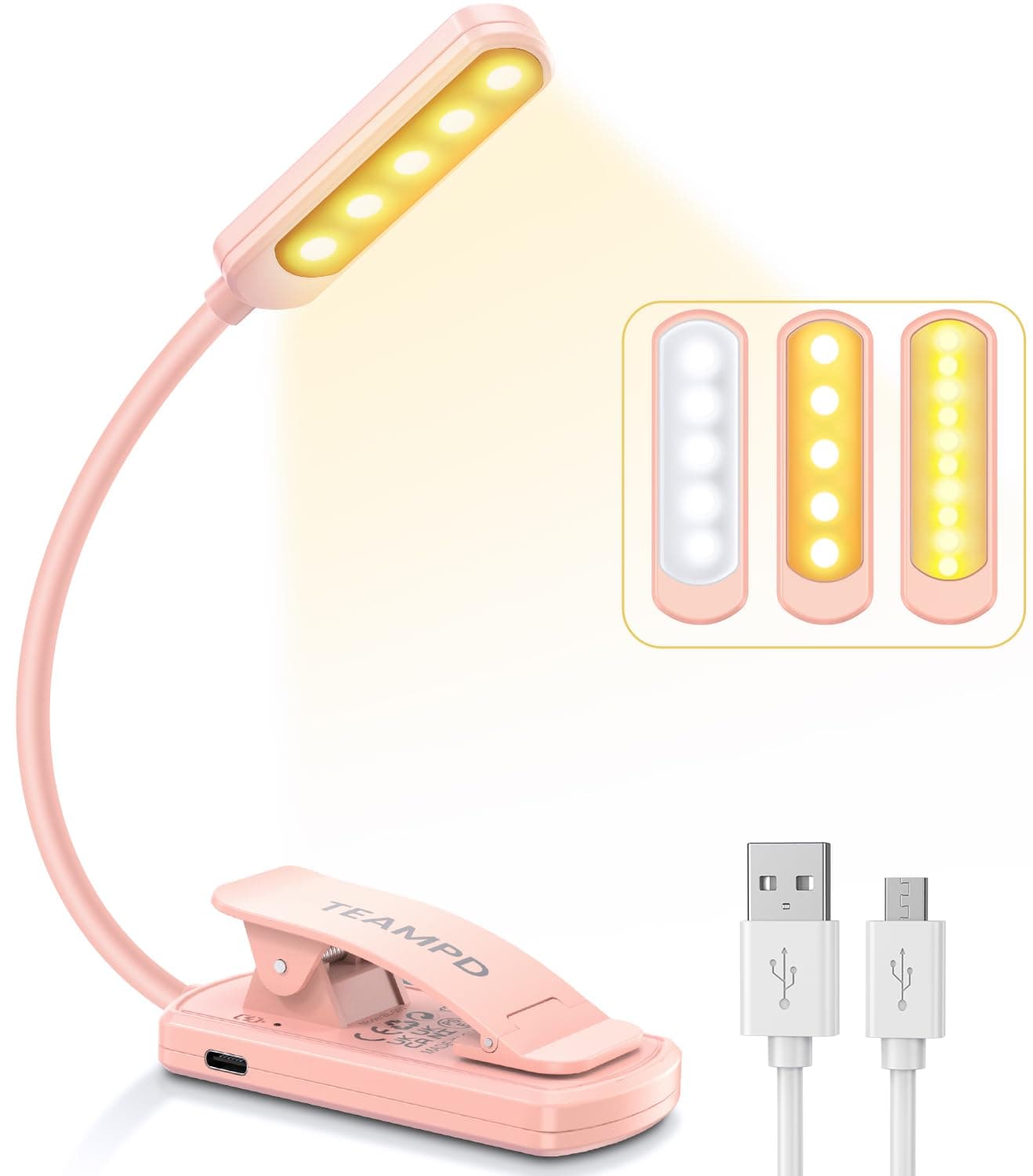 TEAMPD Luce per Lettura, USB Ricaricabile, 10 LEDs, 3 Modalità, Clip, 360° Flessibile, per Libro, Kindle, Portatili, Viaggio, Emergenza