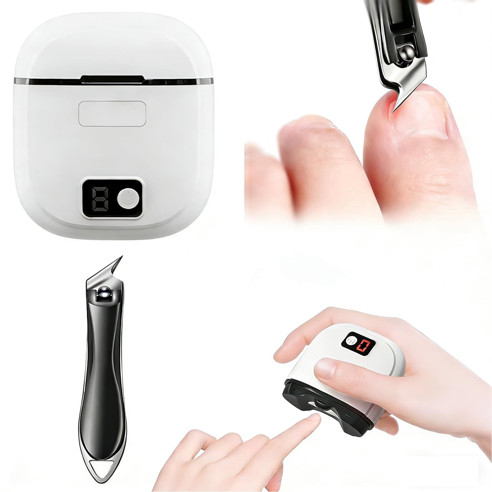 Cortaúñas eléctrico+cortaúñas inclinado, ideal para todas tus necesidades de cuidado de uñas, 3 velocidades, cortaúñas con luz LED para bebés, niños, adultos y personas mayores (blanco)
