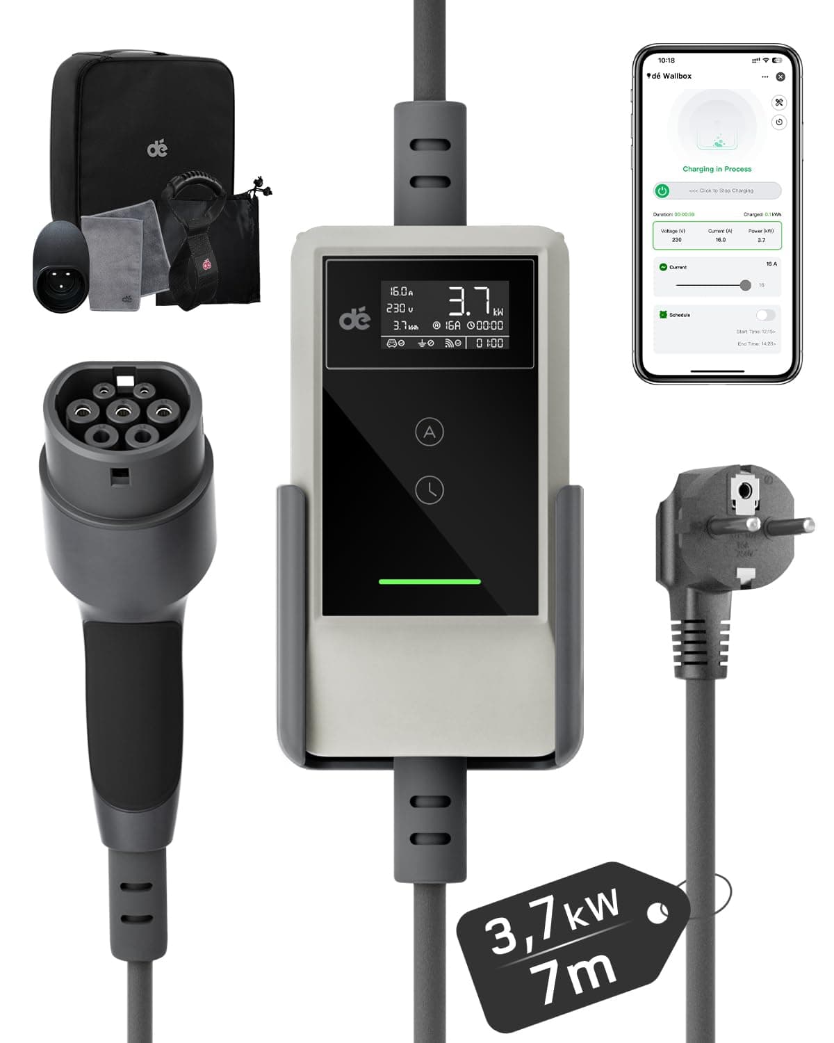 dé Chargeur Voiture Electrique APP 3,7kW [7m, 6-16A] Cable Recharge Voiture Electrique avec Support Mural, Chargeur Type 2 Numérique LCD, Compatible avec E-208, Model Y et Autres EV/PHEV, Blanc