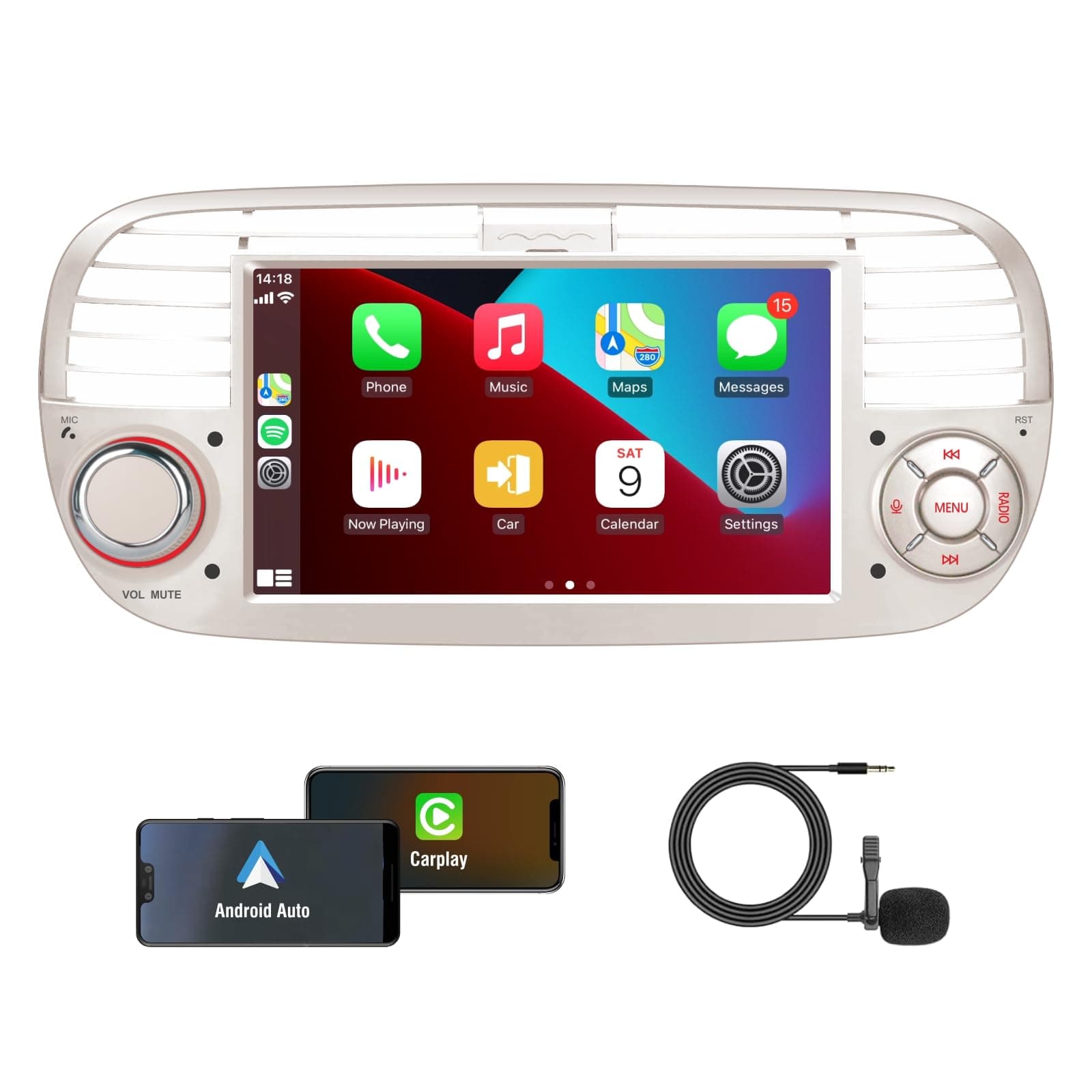 [Prestazioni Elevate] KTTCORLP Linux Autoradio per Fiat 500 2007-2015 Carplay Android Auto Bluetooth 5.0, Autoradio Fiat 500 da 7 pollici con touchscreen/FM/AM/USB/DPS/RDS/Mirror Link-bianco