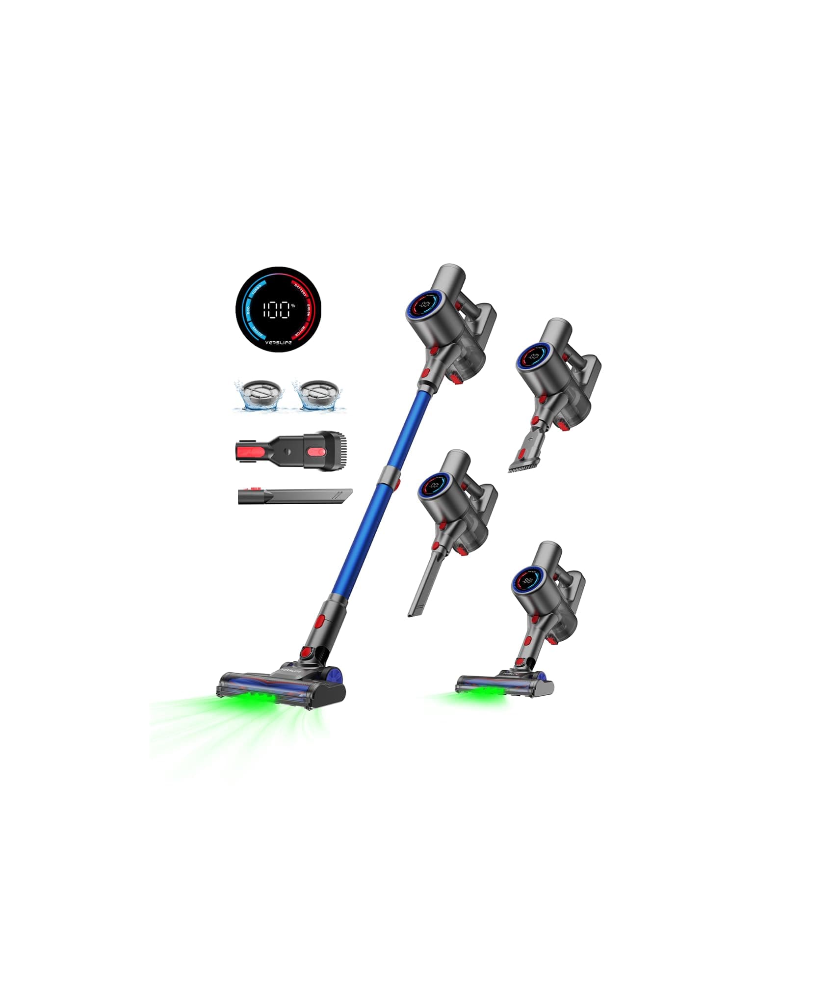 VersLife Z8 Aspirateur Balai sans Fil, 40Kpa/45Min/500W/6 en 1 Aspirateur Balai Léger avec LED Verte, Écran LED, Autoportant pour Poils d'animaux, sols Durs et Moquettes (Bleu foncé)