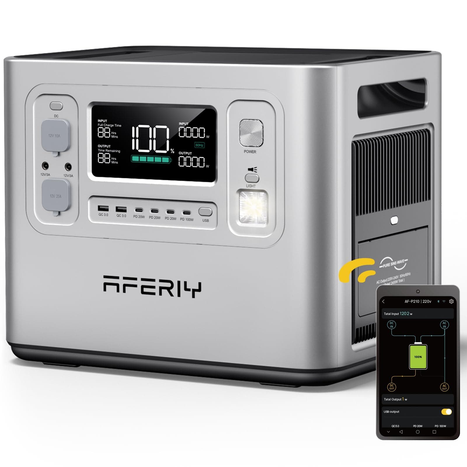 AFERIY 2400W Estacion de Energia Portatil, 2048Wh LiFePO4 Batería, 1,5H de Carga Rápida, 13 Conexiones, Onda Sinusoidal 230V, UPS, APP, Fuente de Alimentación Móvil para Camping al Aire Libre Plata