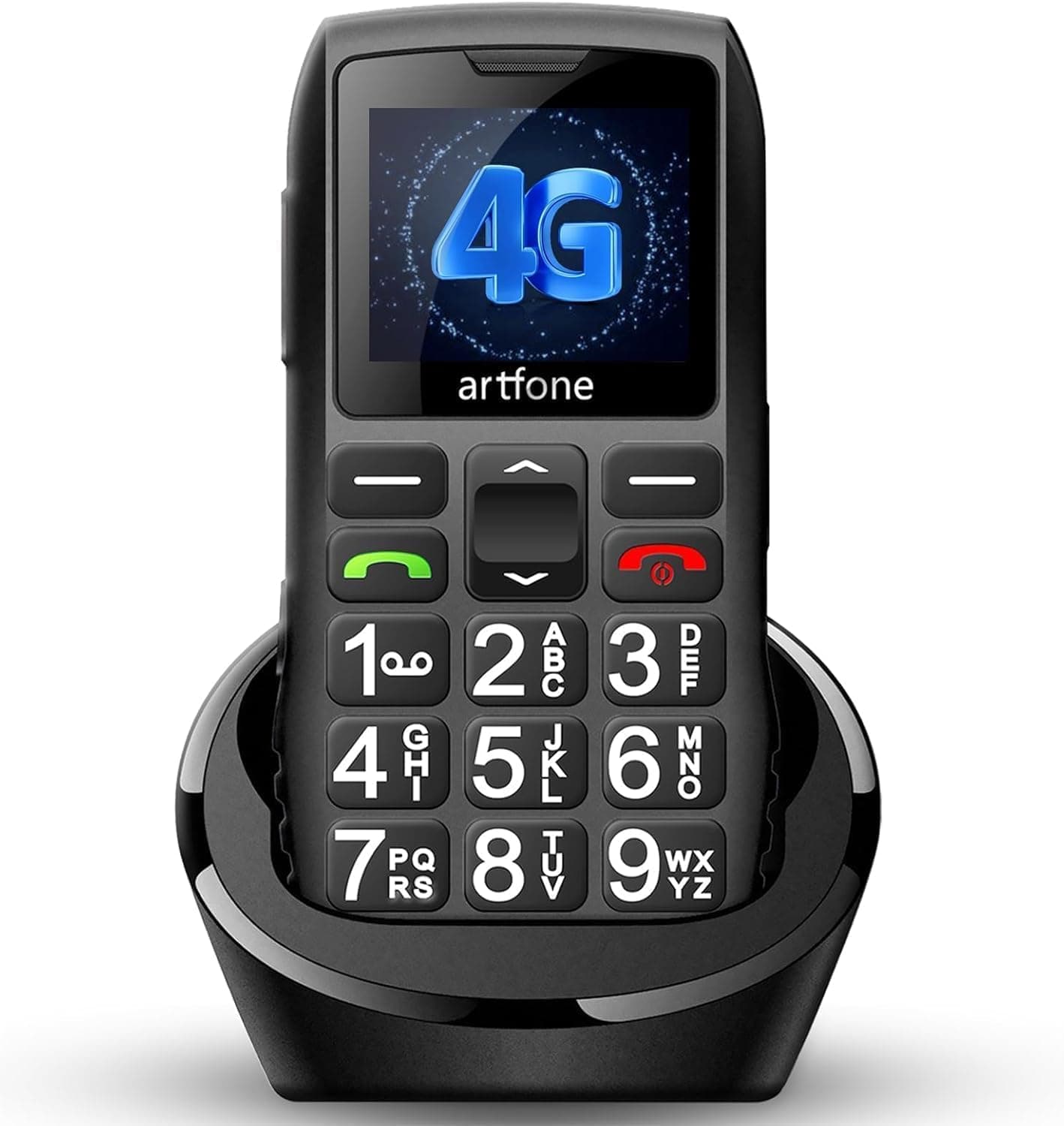artfone C1+4G Pro Nero - Telefono Cellulare per Anziani con Tasti Grandi丨Funzione SOS丨Chiamata Rapida丨Base di Ricarica丨Funzione di orario丨Batteria da 1800 mAh丨LTE Cellulare per anziani丨Radio丨USB - C