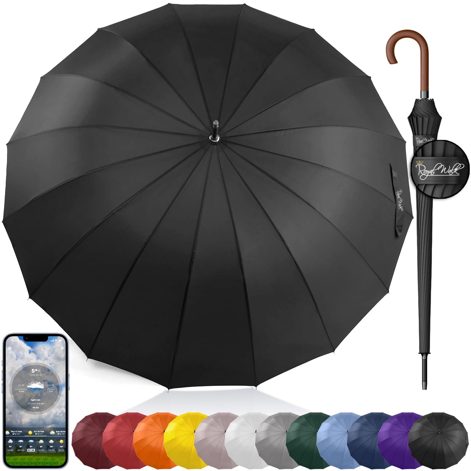 Royal Walk Parapluie Automatique pour Homme et Femme Résistant aux Vent, Solide Anti Tempete XXL Grand Taille Parapluie Canne De Golf Pour 2 Personnes Poignée en Bois 16 Baleines 120cm