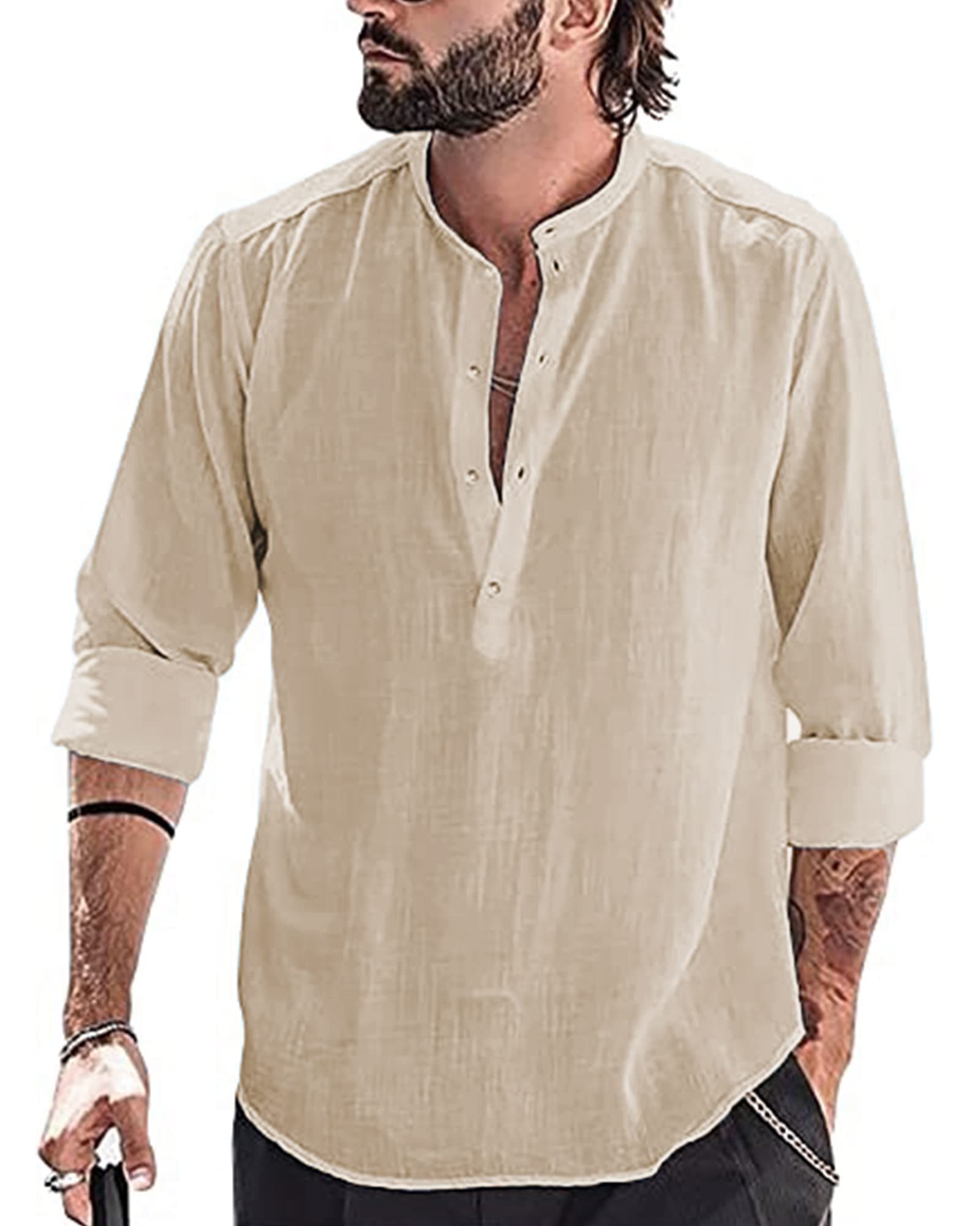 YAOBAOLE Chemise Lin Homme Manches Longues Été Mao Décontractée Henley Shirts de Plage Classique
