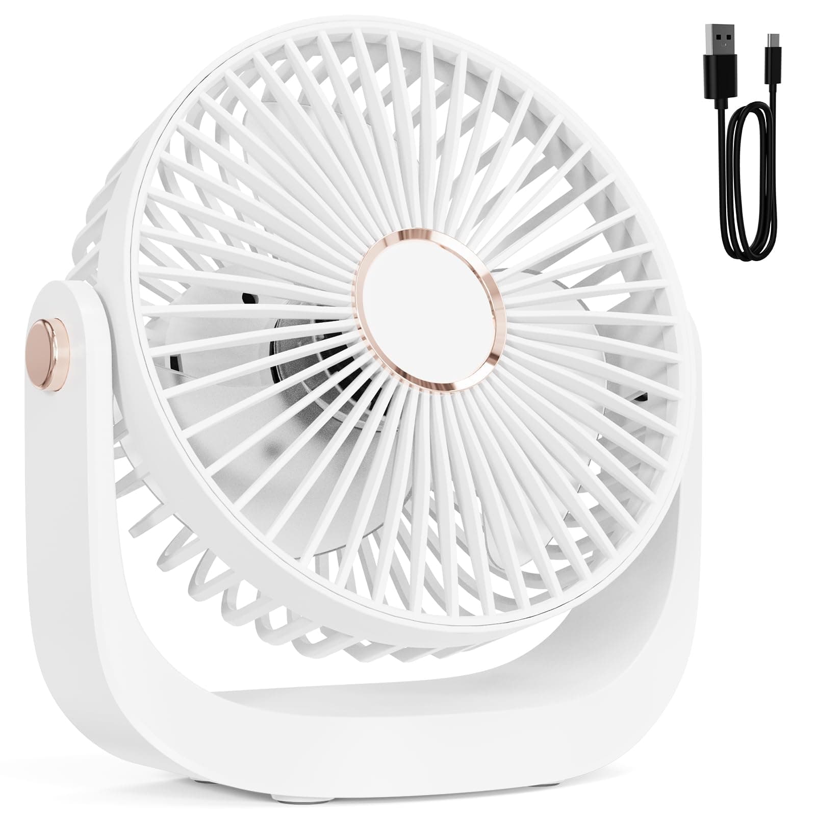 AICPAN Ventilateur de Table, Ventilateur Silencieux Rechargeable USB, 5 Vitesses avec Veilleuse, Réglable à 360 °, 3000mAh Batterie Pour Maison, Bureau, Extérieur, Cuisine, Camping, Blanc