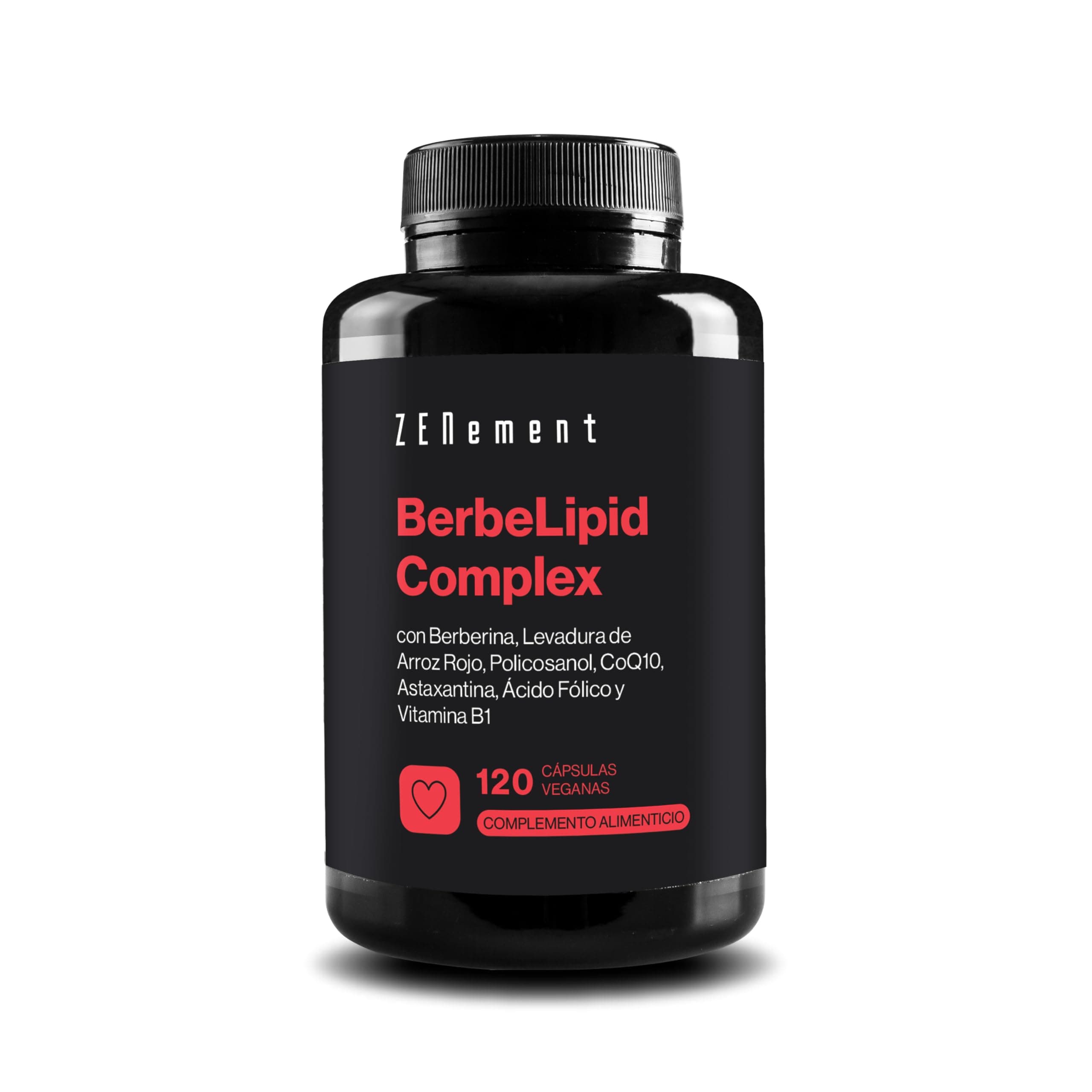 BerbeLipid Complex, con Berberina, Levadura de Arroz Rojo, Policosanol, CoQ10, Astaxantina, Ácido Fólico y Vitamina B1, 120 Cápsulas Veganas - Zenement
