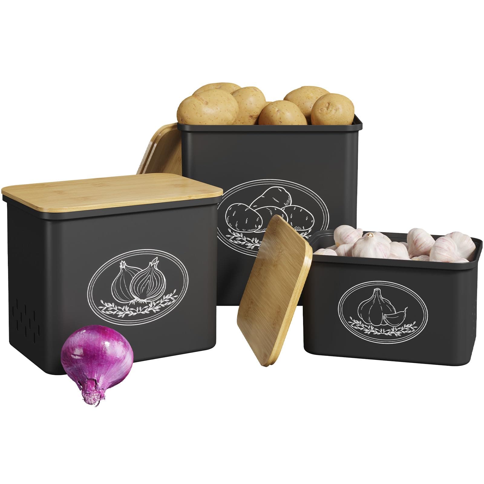 Lifewit Kartoffel Aufbewahrungsbox, 3er Set Große Kunttsoff Vorratsdosen für Kartoffel Zwiebel knoblauch Aufbewahrung, Stapelbare Kartoffelbox Aufbewahren Küche mit Frischebelüftung, 24 cm(H) Schwarz