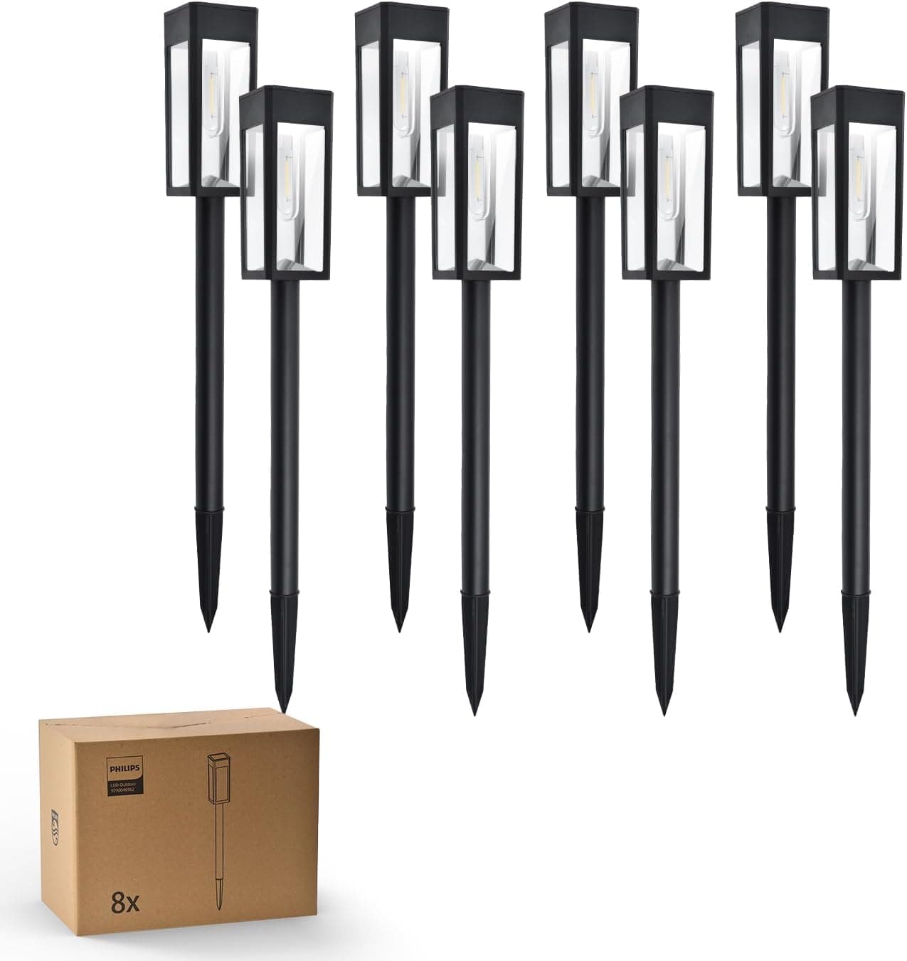 Philips Lot de 8 Lampes Solaires pour Allées - Éclairage Paysager Jardin à LED, Verre et Métal, 3000K Blanc Chaud, Étanche, pour Décoration de Cour, Allée, Terrasse, Driveway, Pelouse