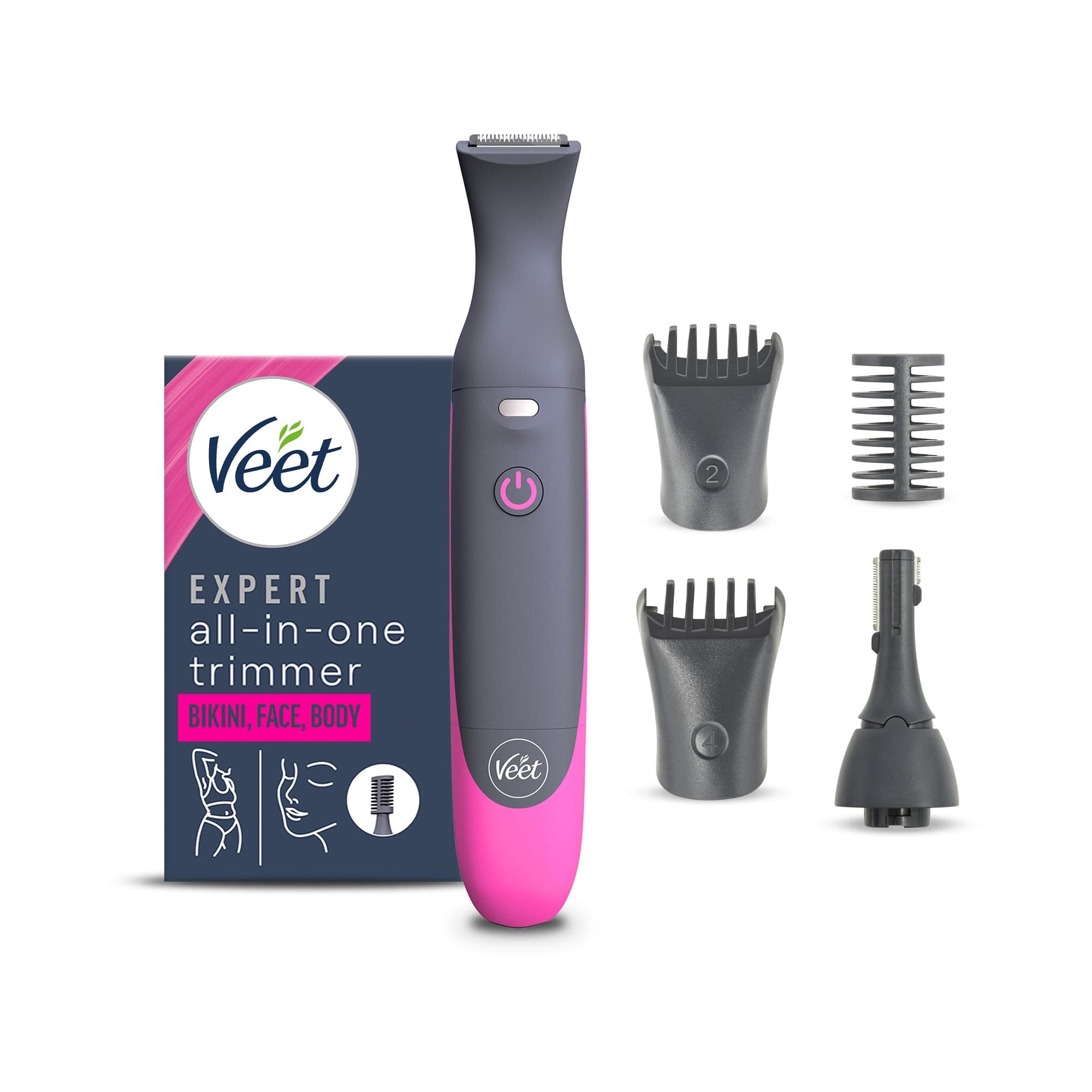Veet Expert All-In-One Trimmer, Rasoio elettrico donna, Viso e parti intime, Epilatore elettrico donna 100% waterproof, 2 testine e 3 pettini guida, Rasatura ad alta precisione, Cordless