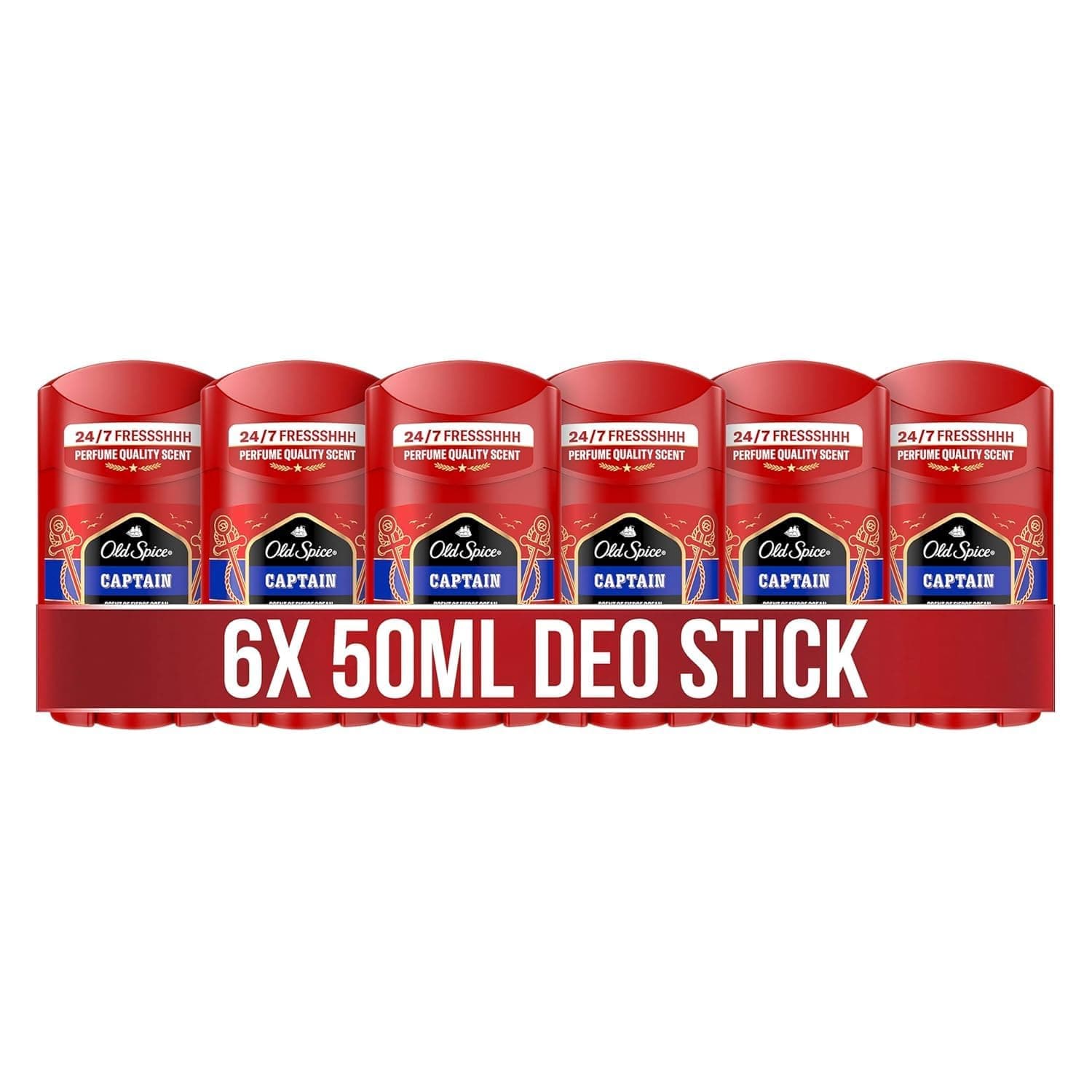 Old Spice Captain Deostick für Männer, 6x50ml , 24/7 Frischhh bei täglicher Anwendung, langanhaltender Duft in Parfumqualität, Schutz vor Gerüchen, Ohne Aluminiumsalze, unsichtbar auf Schwarz und Weiß