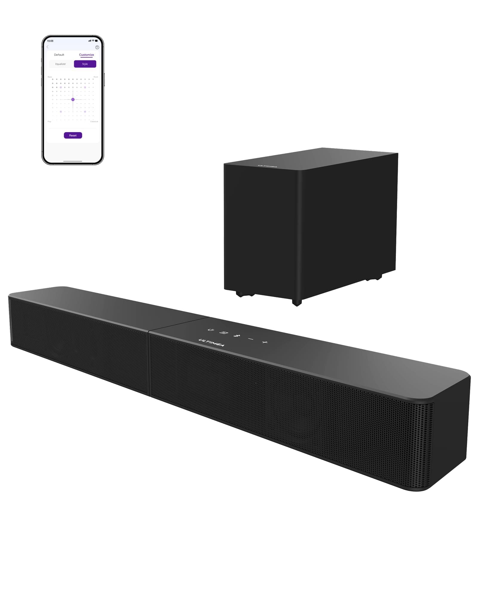 ULTIMEA Barre de Son TV avec Caisson sans Fil, 240W Puissance Max, VoiceMX & BassMX, Contrôle Via App, 2.1ch Barre de Son, Basses Réglables, HDMI, Optique, Bluetooth® 6.0, Poseidon M30 (Modèle 2026)