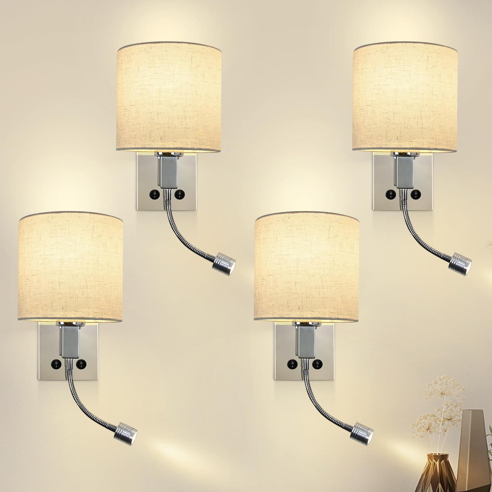 ZMH 4ER Applique murale pour chambre à coucher Lampe murale d'intérieur - LED orientable à 360° Lampe de lecture ronde avec interrupteur Abat-jour en tissu E27 Design moderne Spot mural (sans ampoule)