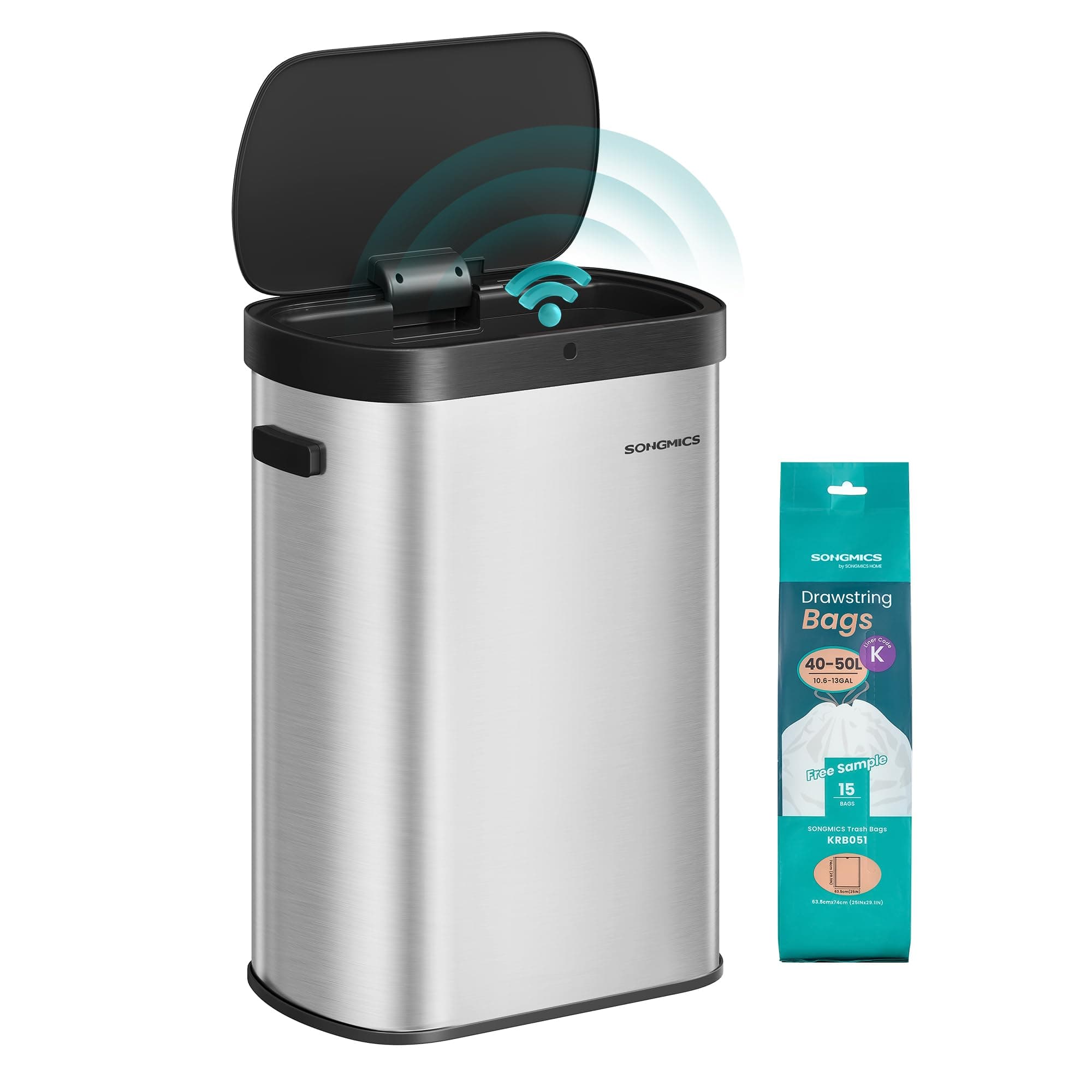 SONGMICS Poubelle de Cuisine Automatique 50 L, Capteur de Mouvement, Ouverture Automatique ou Tactile, Fermeture Douce, Acier Inoxydable, 15 Sacs Poubelle, Argent Métallique et Noir d'Encre LTB640E01