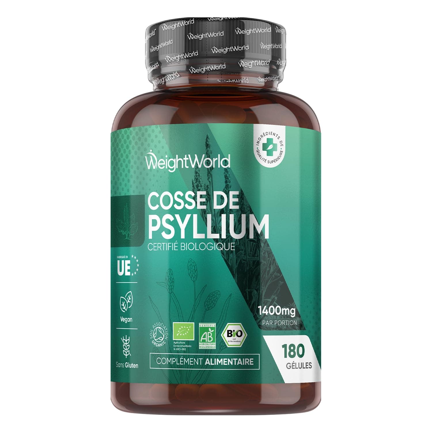Psyllium Blond Bio 180 Gélules Vegan pour 3 Mois -Tégument de Graine de Plantago Ovata - Cosse de Psyllium Husk Riche en Fibre Alimentaire, Alternative à la Poudre - Sans Gluten & OGM, Fabriqué en UE