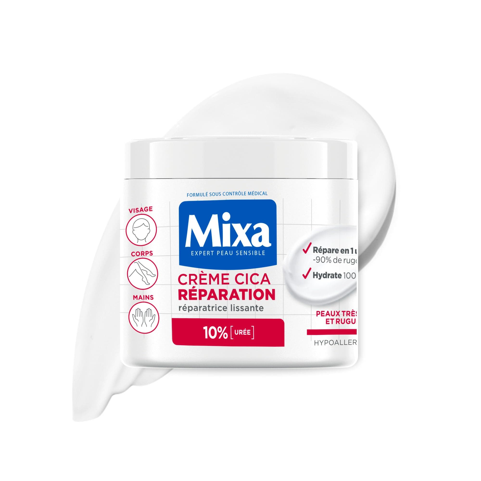 Mixa - Crème Cica Réparation - Réparation Effet Longue Durée - Peaux Très Sèches et Rugueuses - Visage, Corps, Mains - Hypoallergénique - 400ml