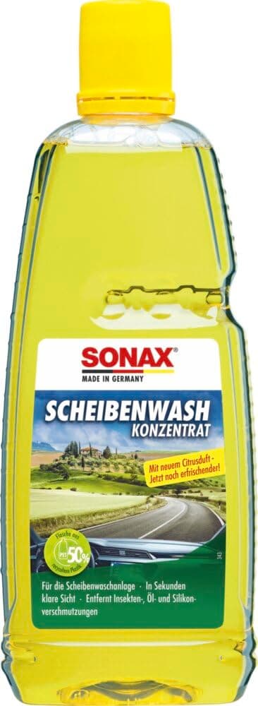SONAX ScheibenWash Konzentrat mit Citrusduft (1 Liter) Reinigungskonzentrat für die Scheiben- und Scheinwerferwaschanlage im Sommer | Art-Nr. 02603000