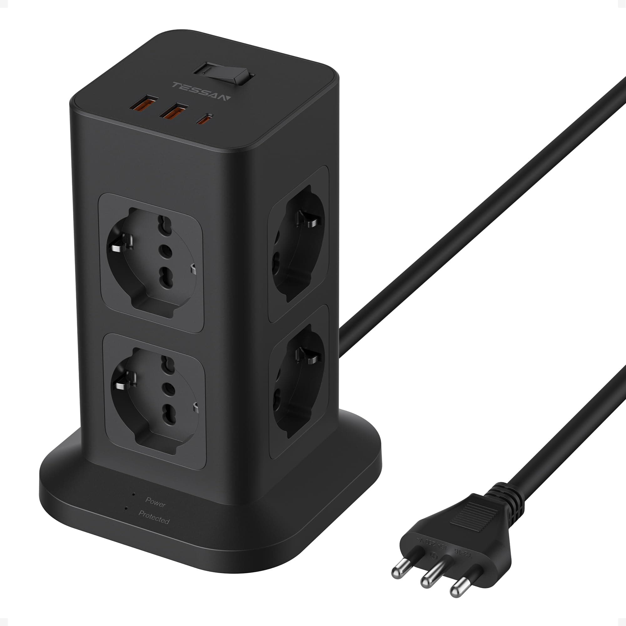 TESSAN Ciabatta Multipresa con USB 20W, Ciabatta Elettrica con 8 Prese IT, Torretta Multipresa Protezione Sovratensione con Interruttore e Prolunga Elettrica 2 Metri, Presa Multipla Salvaspazio, Nero