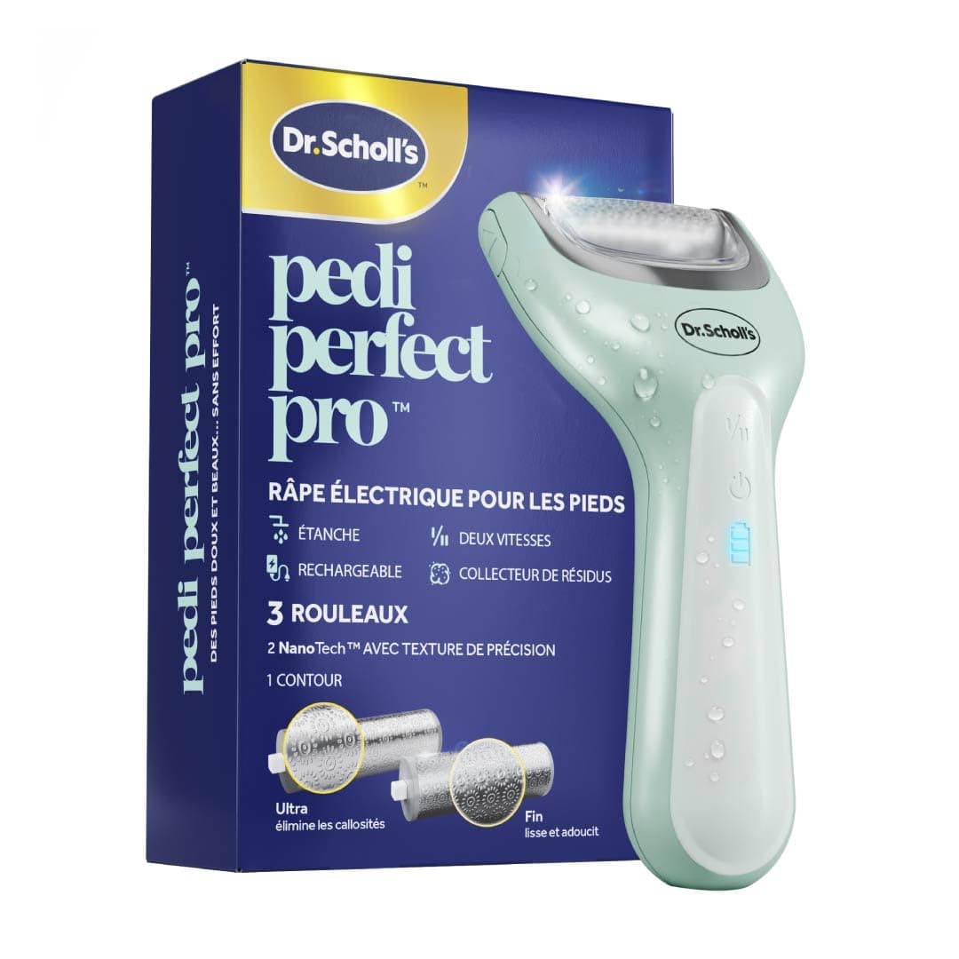 Dr. Scholl's Râpe électrique Pieds Pedi Perfect Pro avec 3 rouleaux Nano Tech - Élimine les callosités pour des pieds doux et beaux - Autonomie 90 minutes - Rechargeable et Etanche